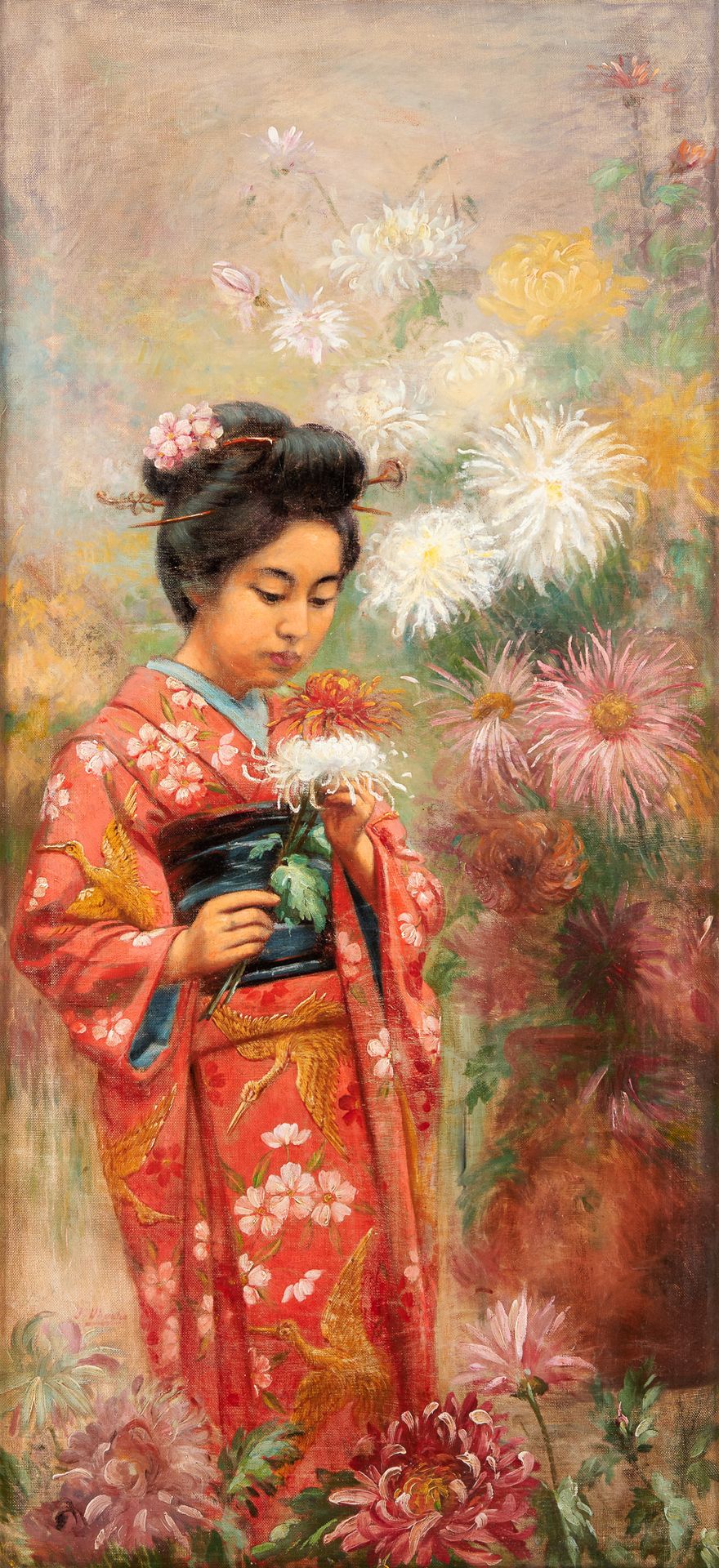 Jean UBAGHS École berlge (1852-1937) Oil on canvas: Japanese woman in the chrysa&hellip;