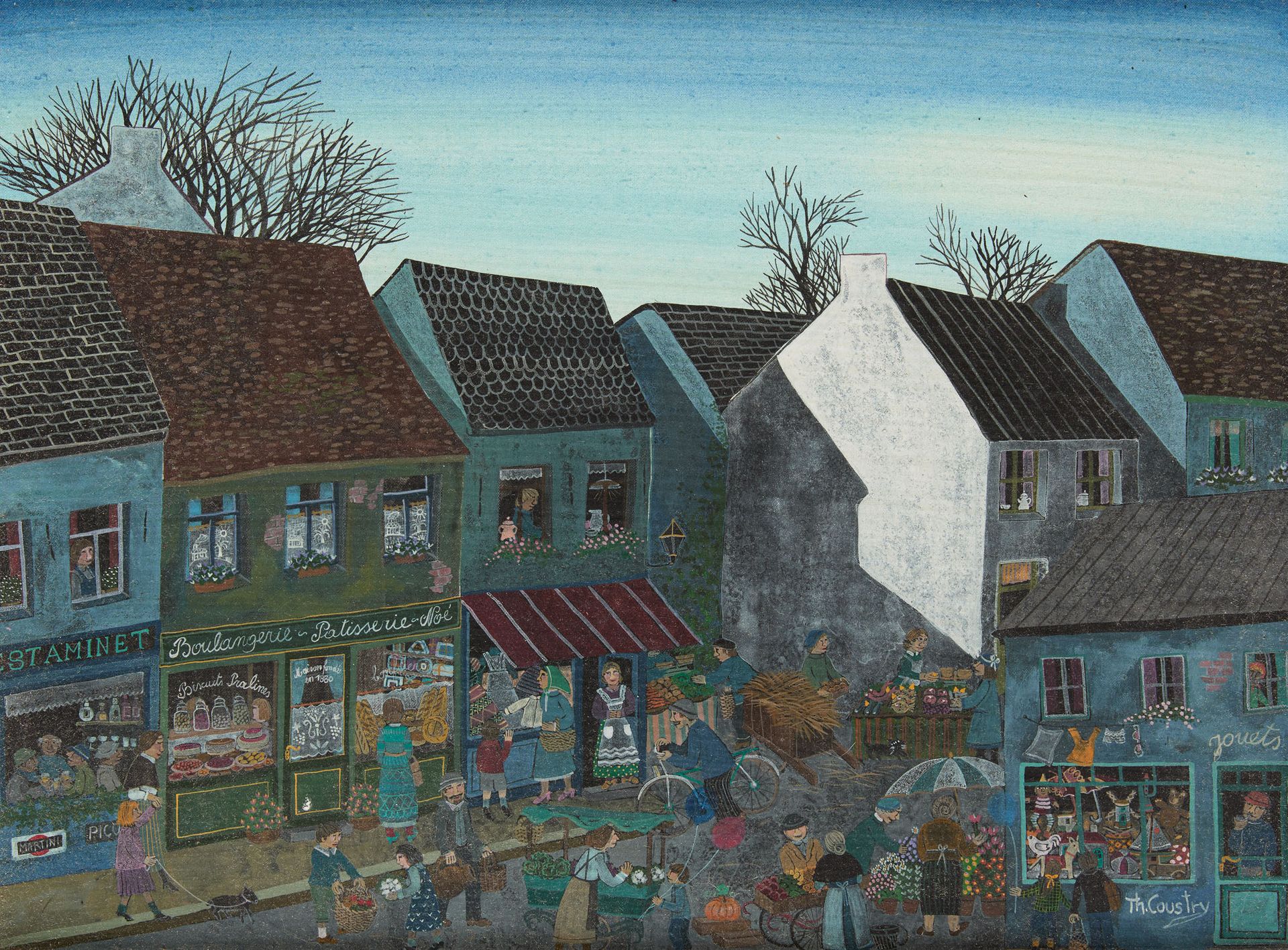 Thérèse COUSTRY École belge (1950) 画板上的油画：Rue animée。

签名：Th. Coustry.

尺寸：29,5 &hellip;