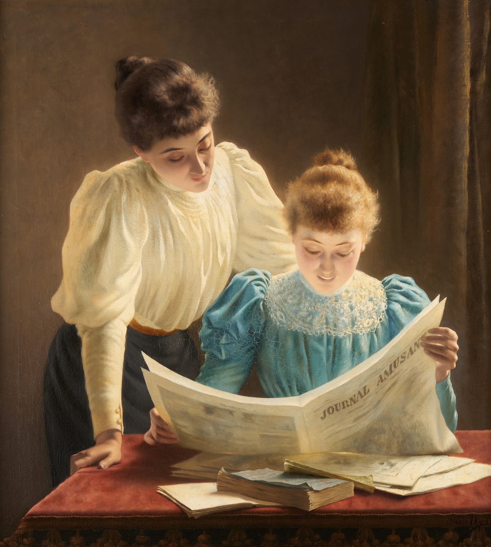 Alexis NYS École belge (1844-1930) Oil on canvas: Two young women reading the "J&hellip;