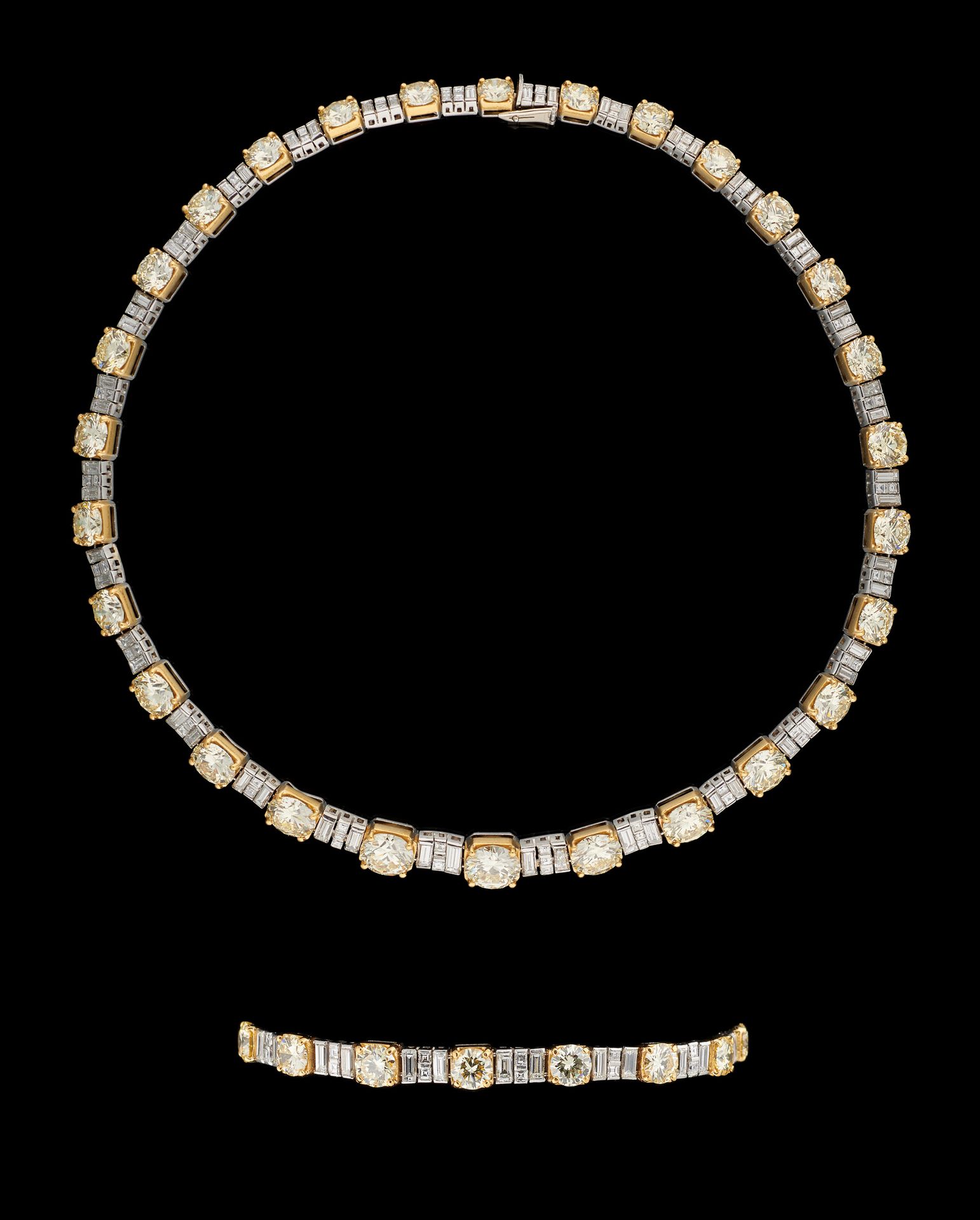 Wolfers joailliers. 珠宝：重要的铂金和黄金套装，包括一条项链和一个配套的手镯（手镯也可以用来延长项链），包括项链上的28颗天然浅黄色明亮型切&hellip;