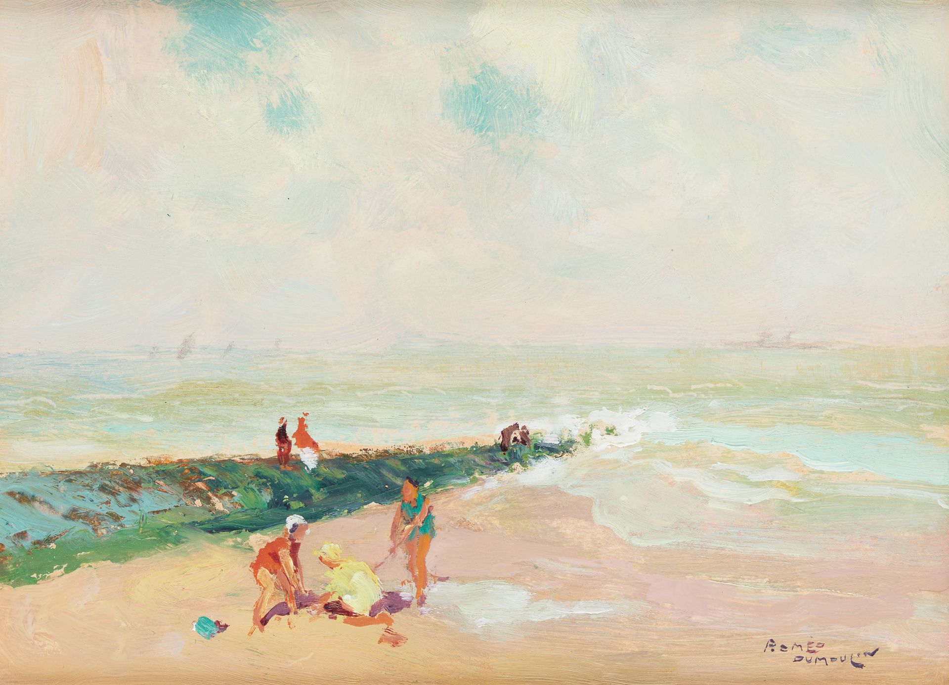 Romeo DUMOULIN École belge (1883-1944) Oil on panel: "The beach".

Signed: Roméo&hellip;