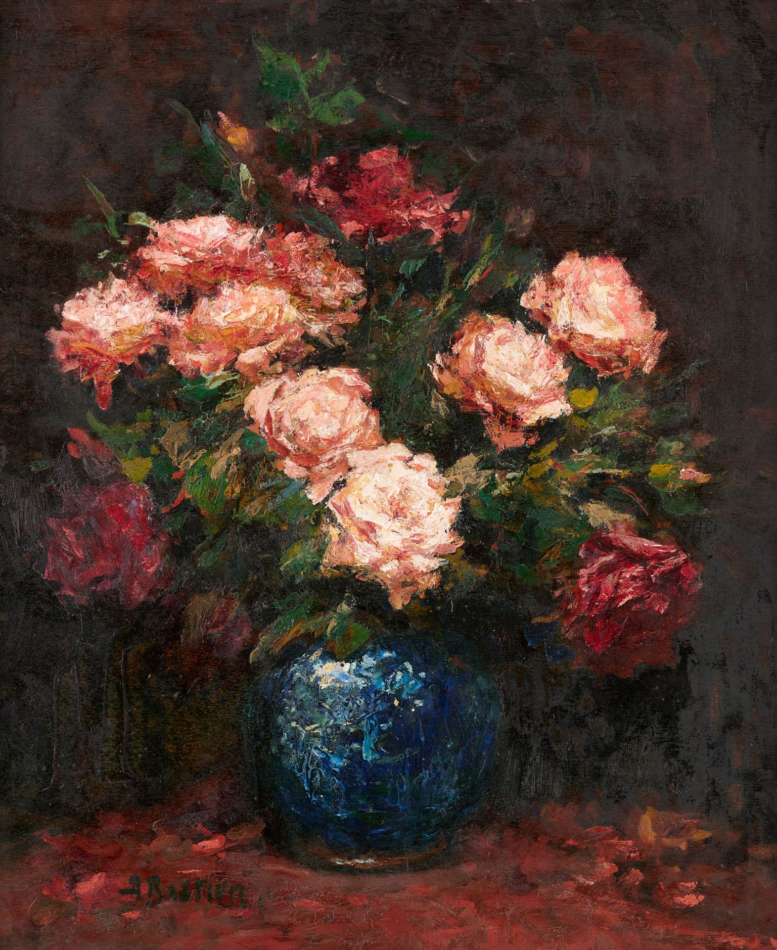 Alfred Theodore Joseph BASTIEN École belge (1873-1955) 板上油画：玫瑰花瓶。

签名：A.巴斯蒂安。

尺&hellip;