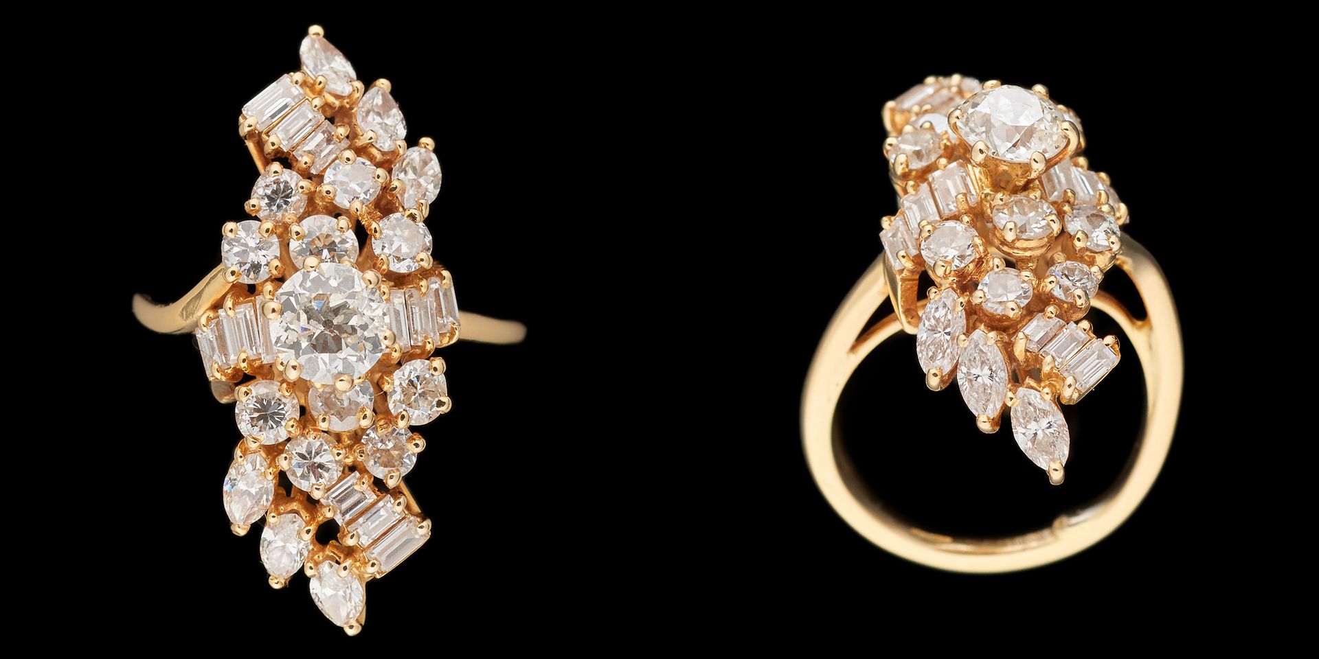 Joaillerie. Gioielli: anello in oro giallo con diamanti taglio brillante, baguet&hellip;