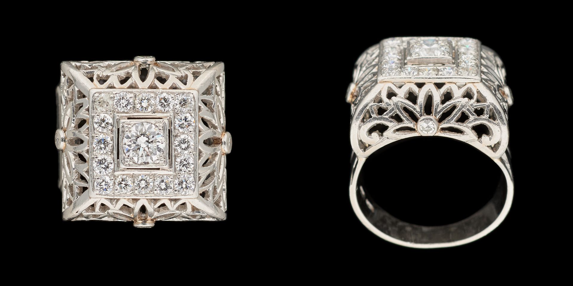 Joaillerie. 珠宝：铂金戒指，镶有+/- 1.40克拉的明亮式切割钻石，包括一颗+/- 0.35克拉的中央宝石。

手指大小：+/-55。