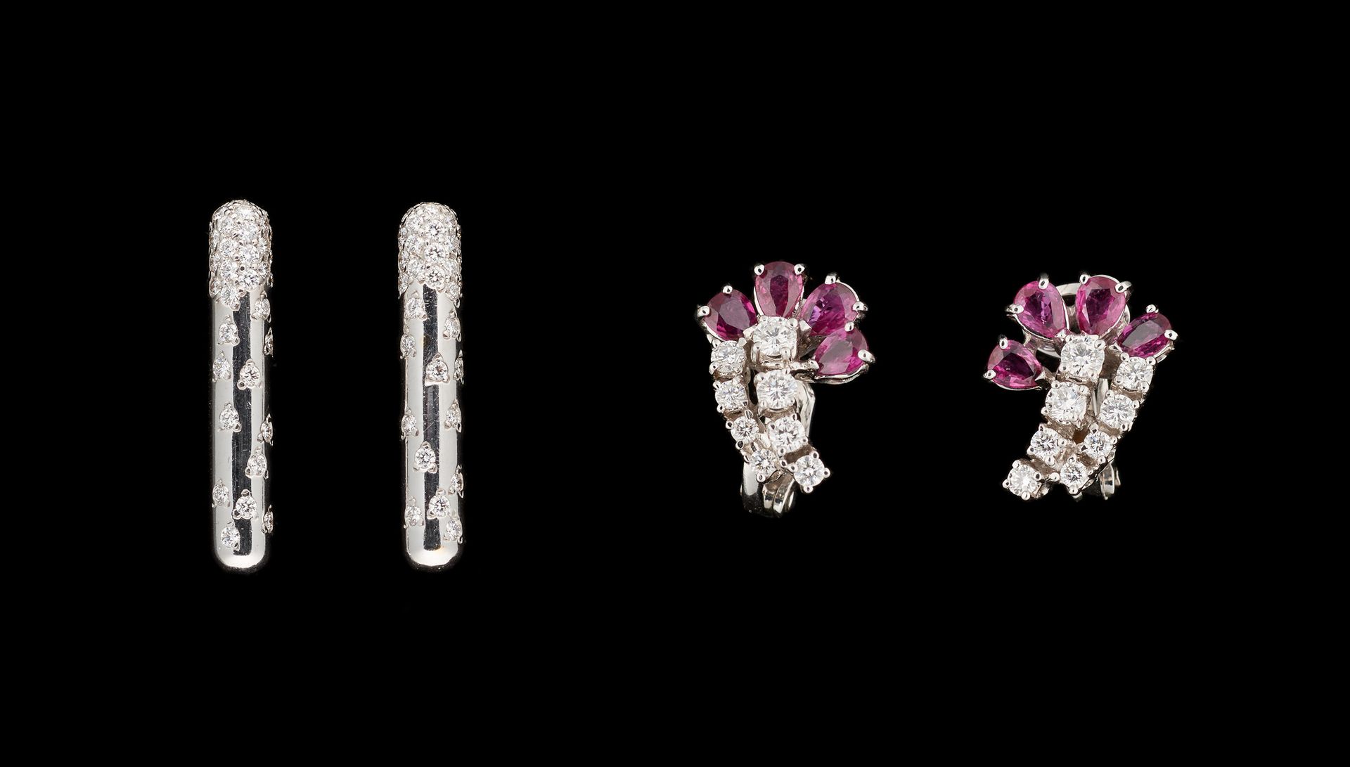 Joaillerie. 珠宝：拍品包括两对白金耳环，分别镶嵌了+/-1.30克拉的钻石和+/-1克拉的红宝石。