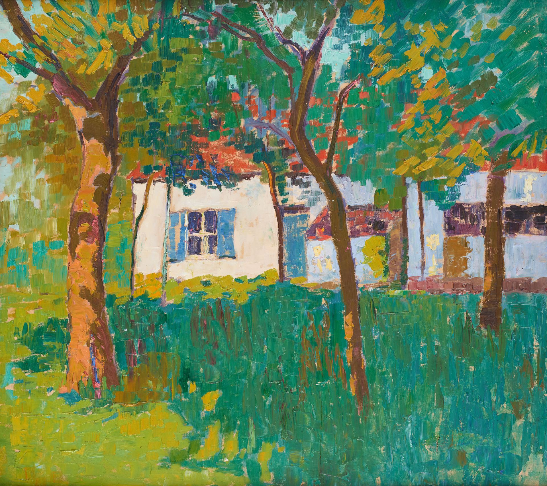 Hervé GEERLANDT École belge (1880-1939). 板上油画：果园里的眼睛。

作者：埃尔韦-盖尔兰特。

尺寸：54,5 x 6&hellip;