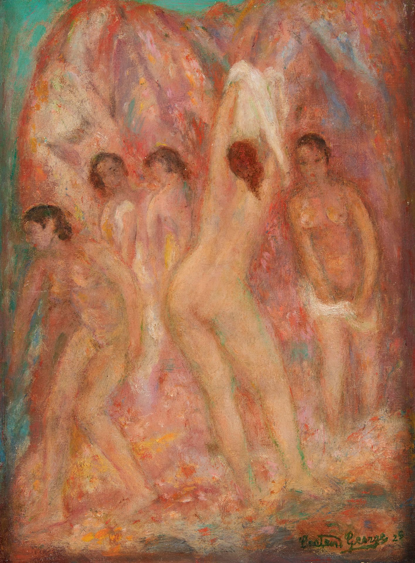 Georges CRETEN École belge (1887-1966). 板上油画：沐浴者。

签名和日期：Georges Creten 25.

尺寸：&hellip;