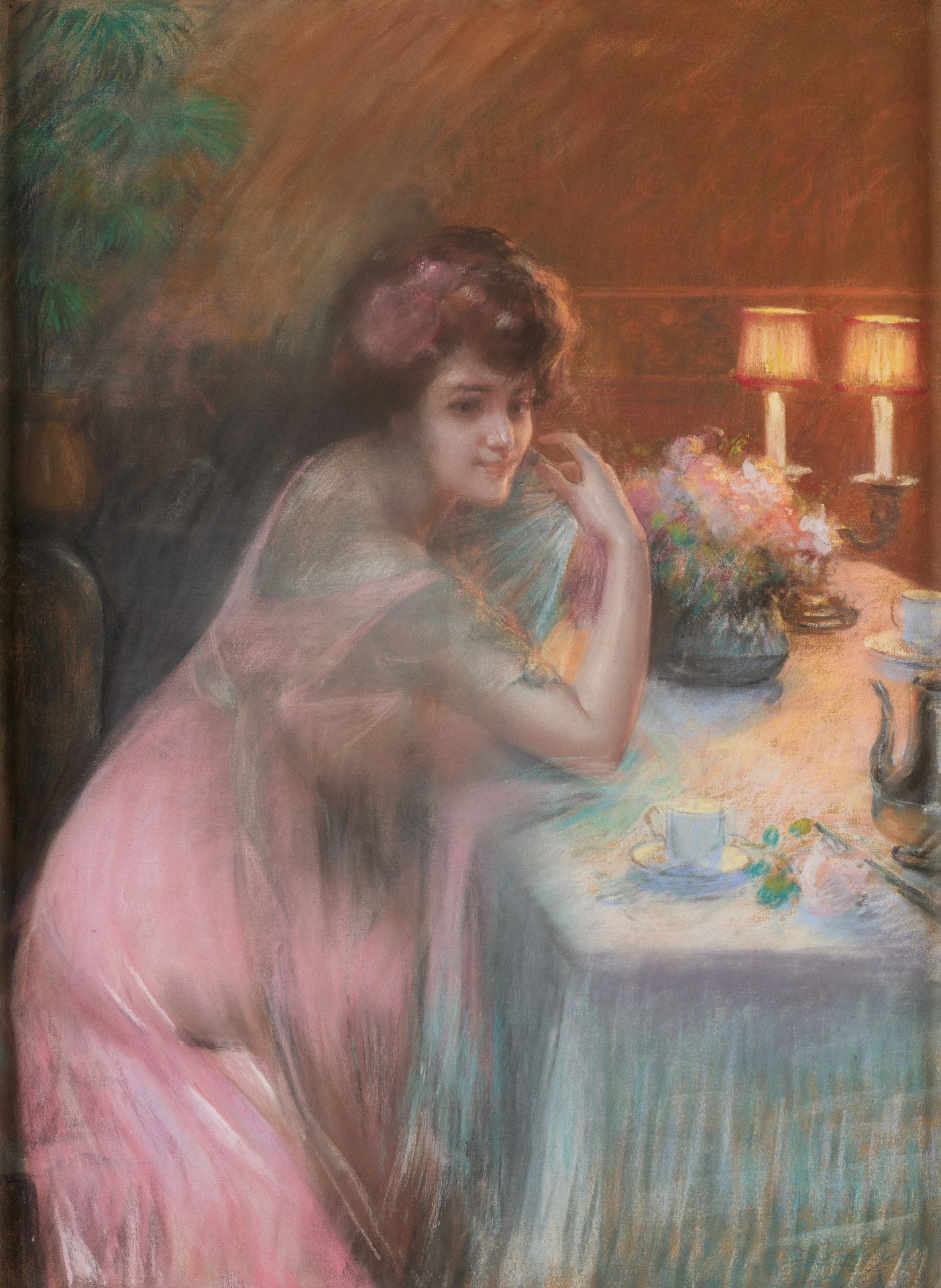 Delphin ENJOLRAS École française (1857-1945) 画布上的粉笔画：夜晚的结束。

签名为德尔芬-恩乔拉斯。

尺寸：71&hellip;