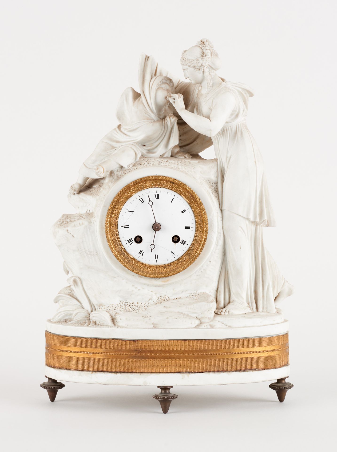 TRAVAIL FRANÇAIS. Clock: Porcelain cookie and gilt bronze clock with a maternity&hellip;