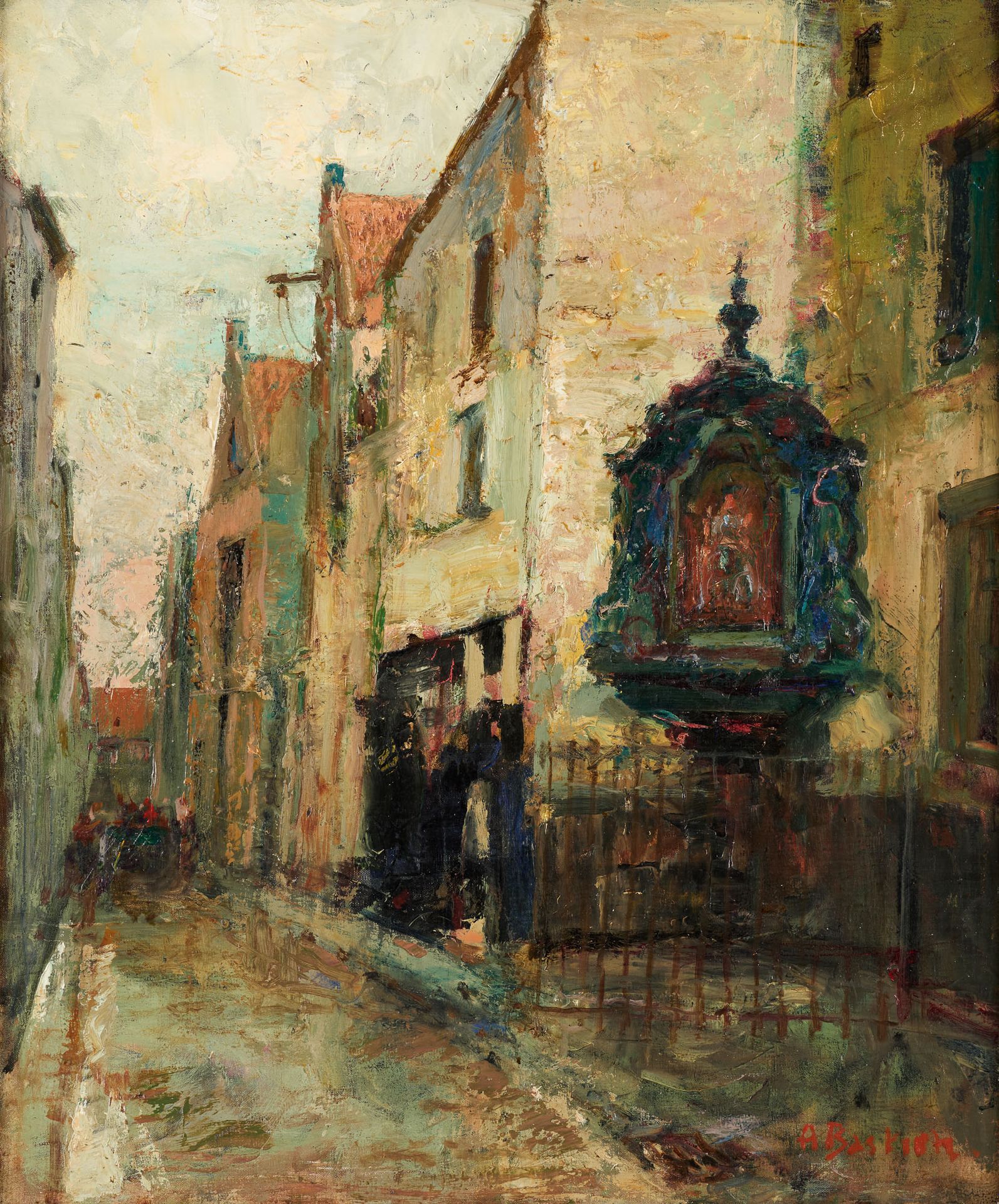 Alfred Theodore Joseph BASTIEN École belge (1873-1955) 布面油画：布鲁塞尔街道。

签名：A.巴斯蒂安。
&hellip;