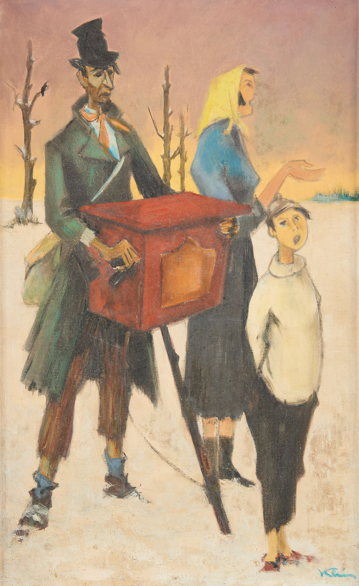 Paul Georges KLEIN École belge (1904-1994) 布面油画：歌手和木桶风琴手。

签名：Klein，背面有会签、定位和日期D&hellip;