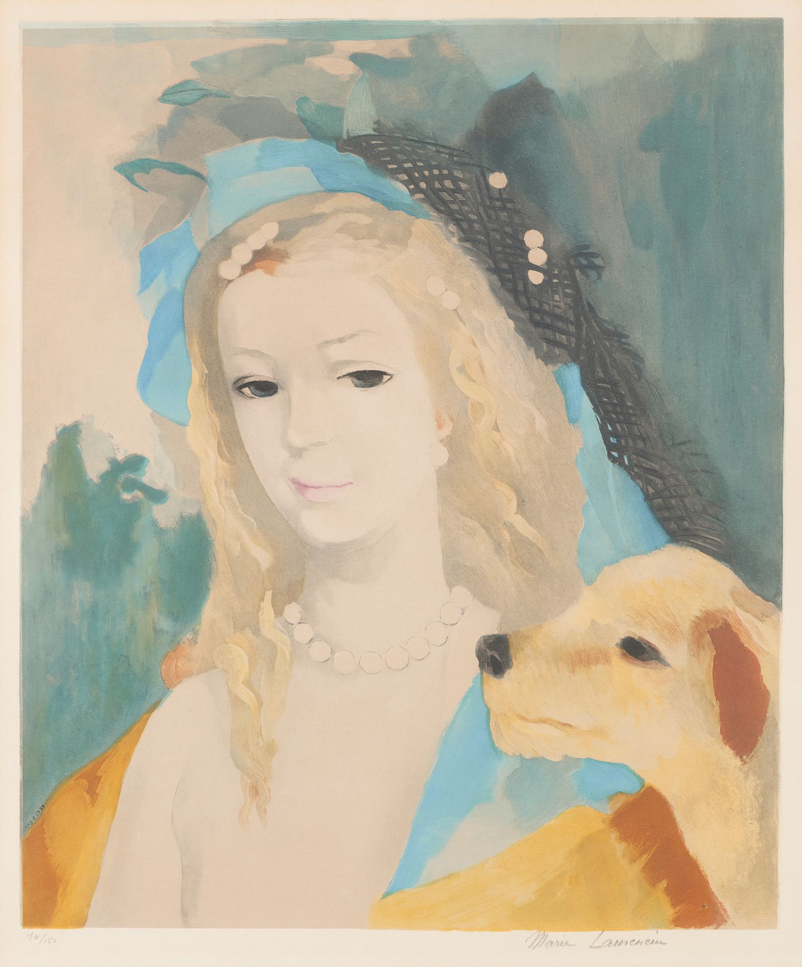 Marie LAURENCIN École française (1883-1956) 印刷品，纸上彩色平版画：年轻女孩和她的狗。

版面外有签名：Marie &hellip;