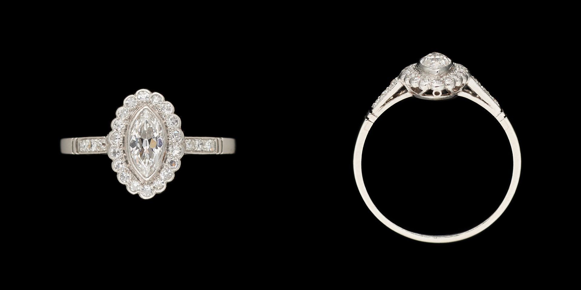 Joaillerie. 珠宝：铂金戒指，镶有+/- 0.45克拉的榄尖形切割钻石和明亮式切割钻石。

手指大小：+/-58。