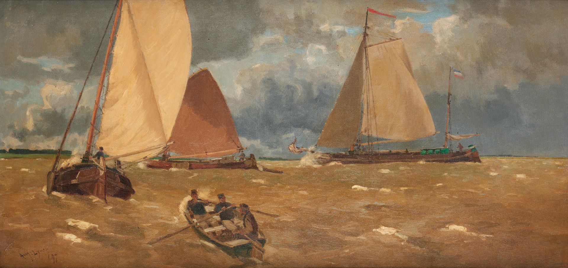 Amédée LYNEN École belge (1852-1938) 布面油画：加入渔船的划手。

签名：Am.林恩(18)99。

尺寸：70 x 150&hellip;
