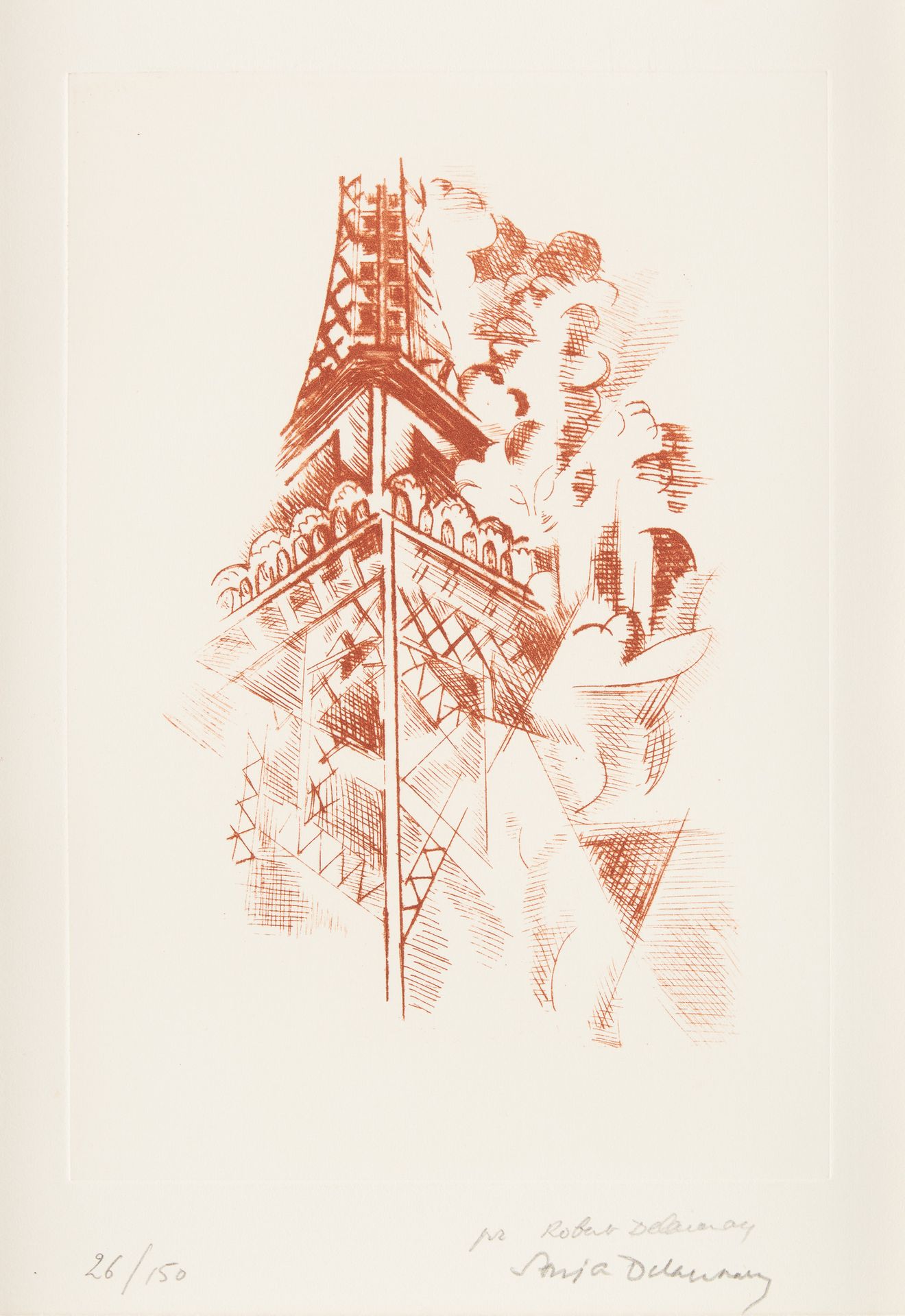 Sonia DELAUNAY École franco ukrainienne (1885-1979). 印刷品，蚀刻，纸上红粉笔：埃菲尔铁塔。

签名：Son&hellip;