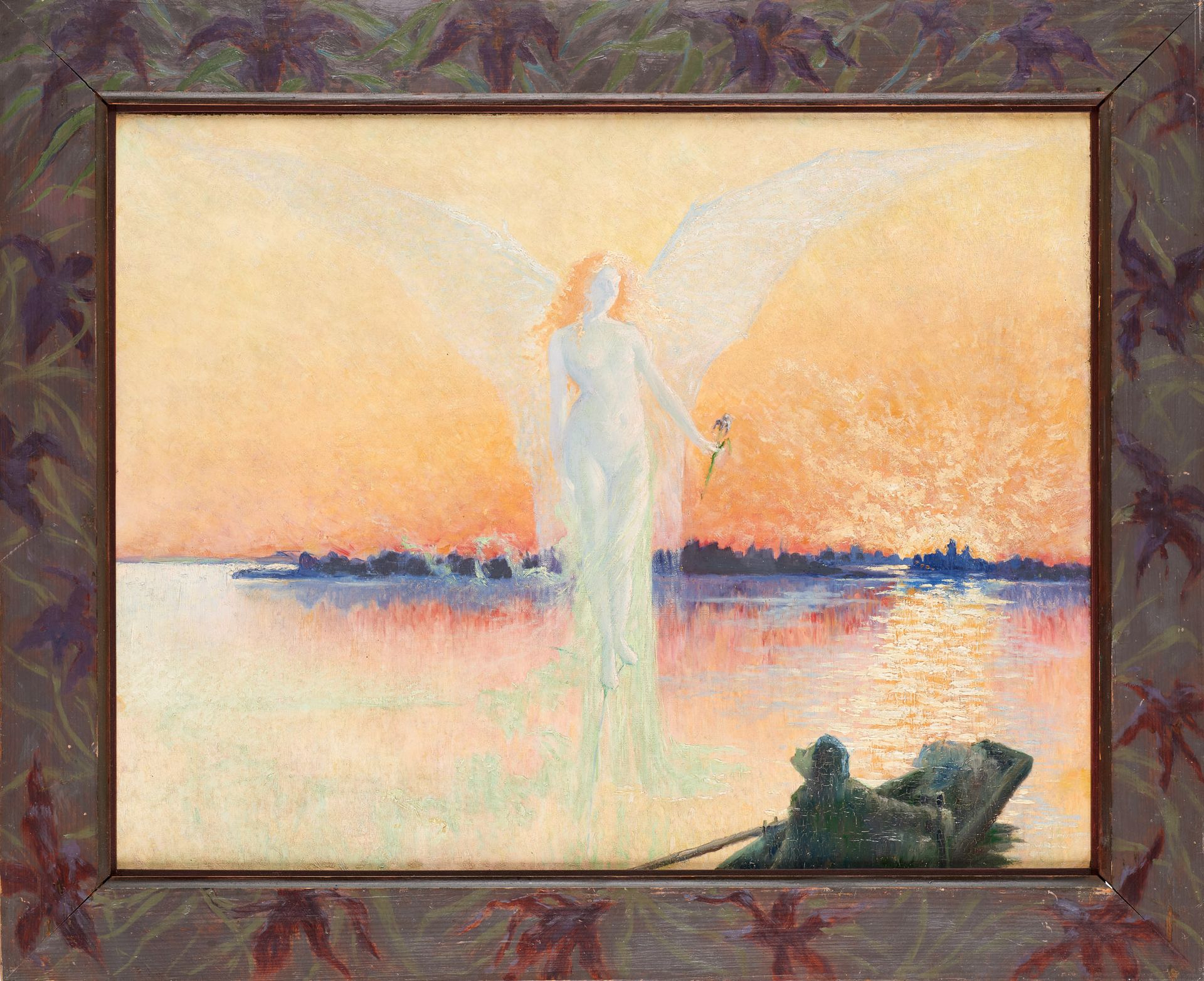 École belge début 20e, symbolisme. 布面油画：手持鸢尾花的仙女。

尺寸：56.5 x 72.5厘米。