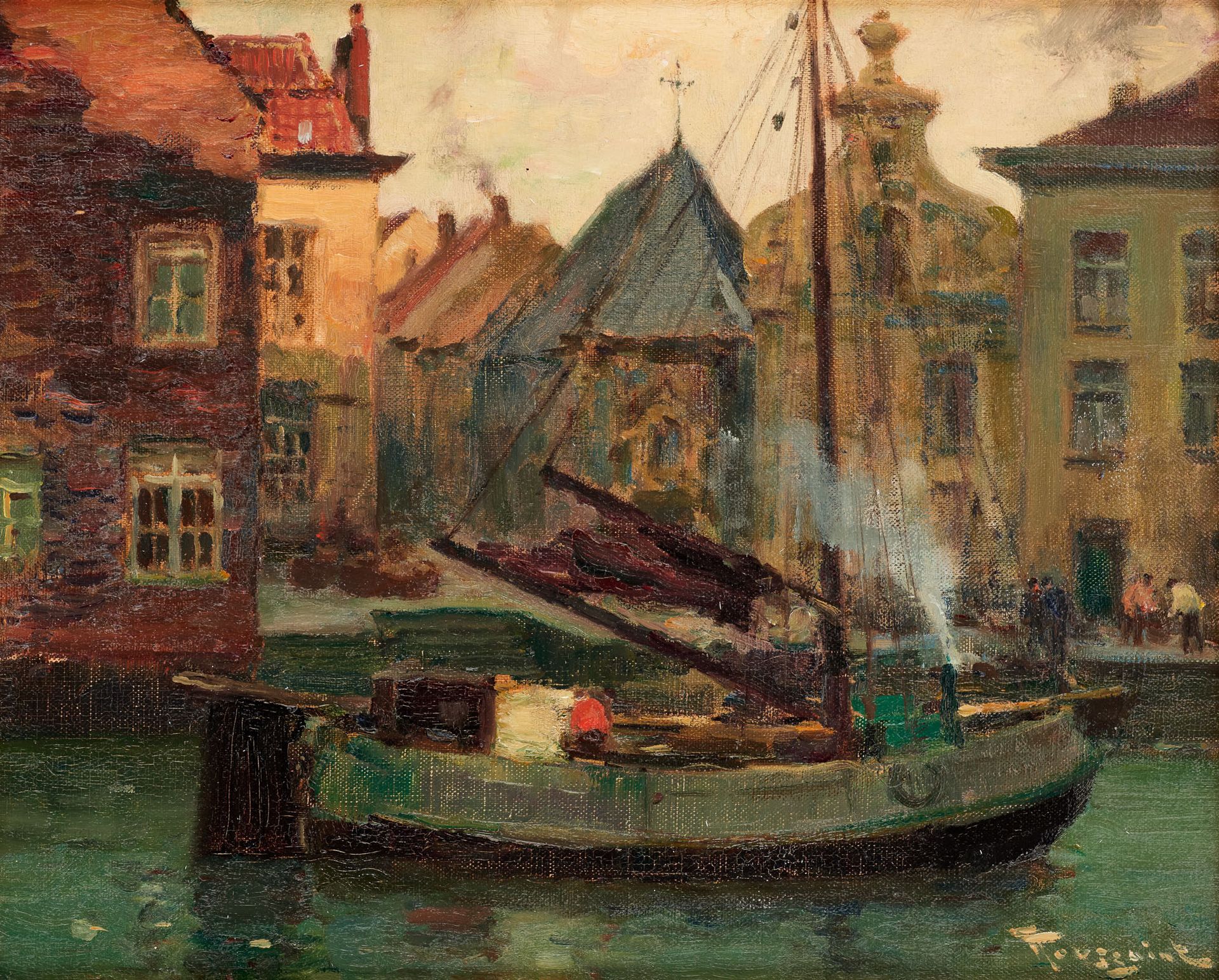 Fernand TOUSSAINT École belge (1873-1955/56) 裱在纸板上的布面油画：运河上的渔船。

签名：F. Toussaint&hellip;