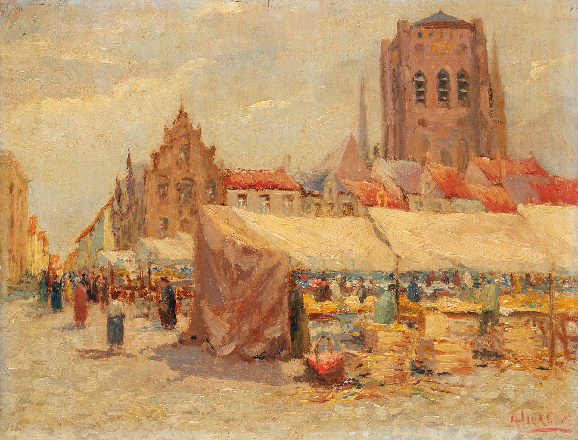 Alexandre TIELENS École belge (1868-1959) 
Huile sur toile: Le marché dominical &hellip;