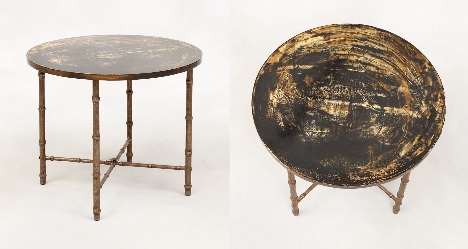 Design 20e. 家具：圆形边桌，金属竹子底座，顶部装饰有野鸡图案。

归属于查尔斯之家的作品。

尺寸：高：49直径60厘米。