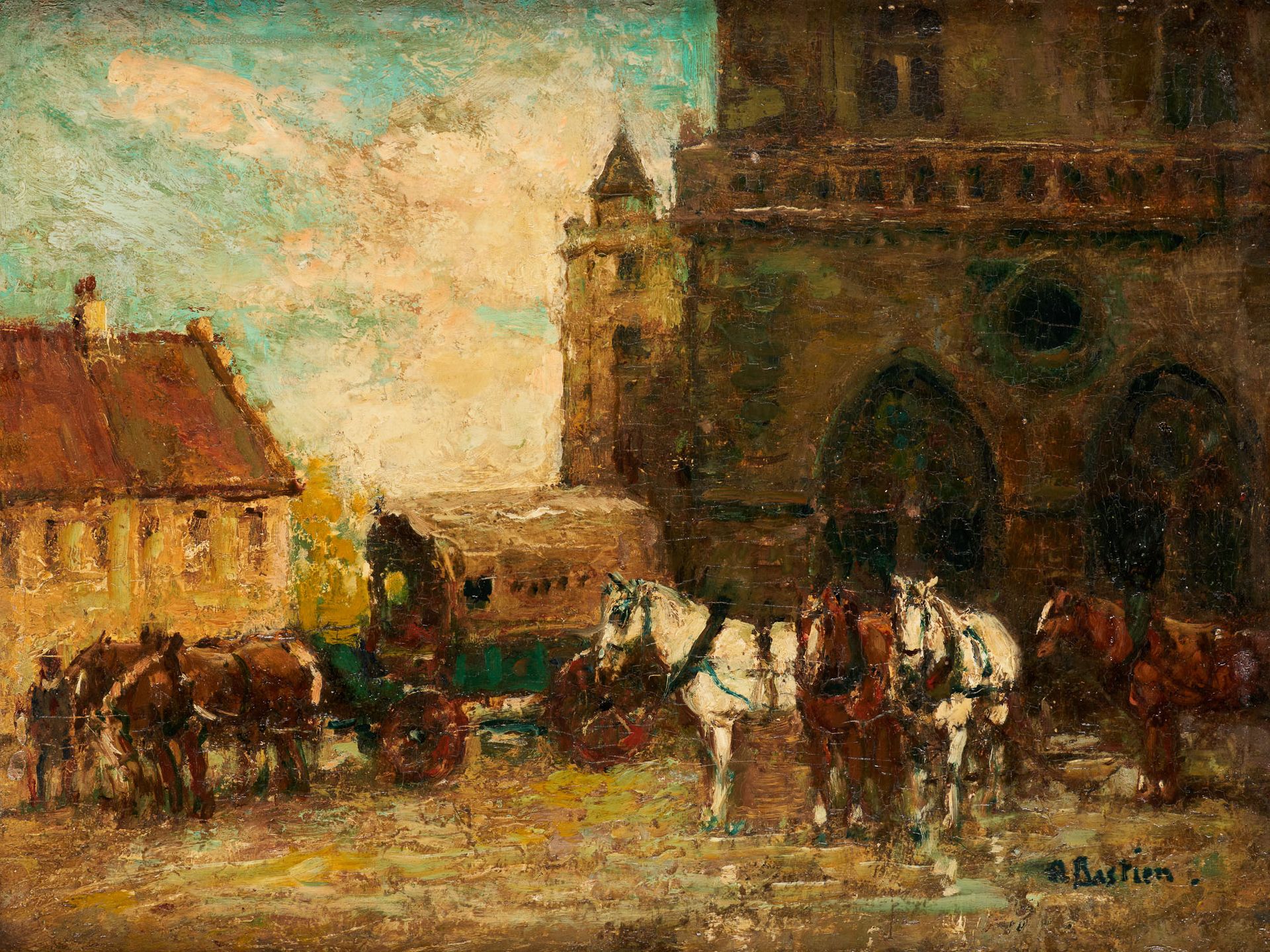 Alfred Theodore Joseph BASTIEN École belge (1873-1955) 板上油画：马市。

签名：A.巴斯蒂安。

尺寸：&hellip;