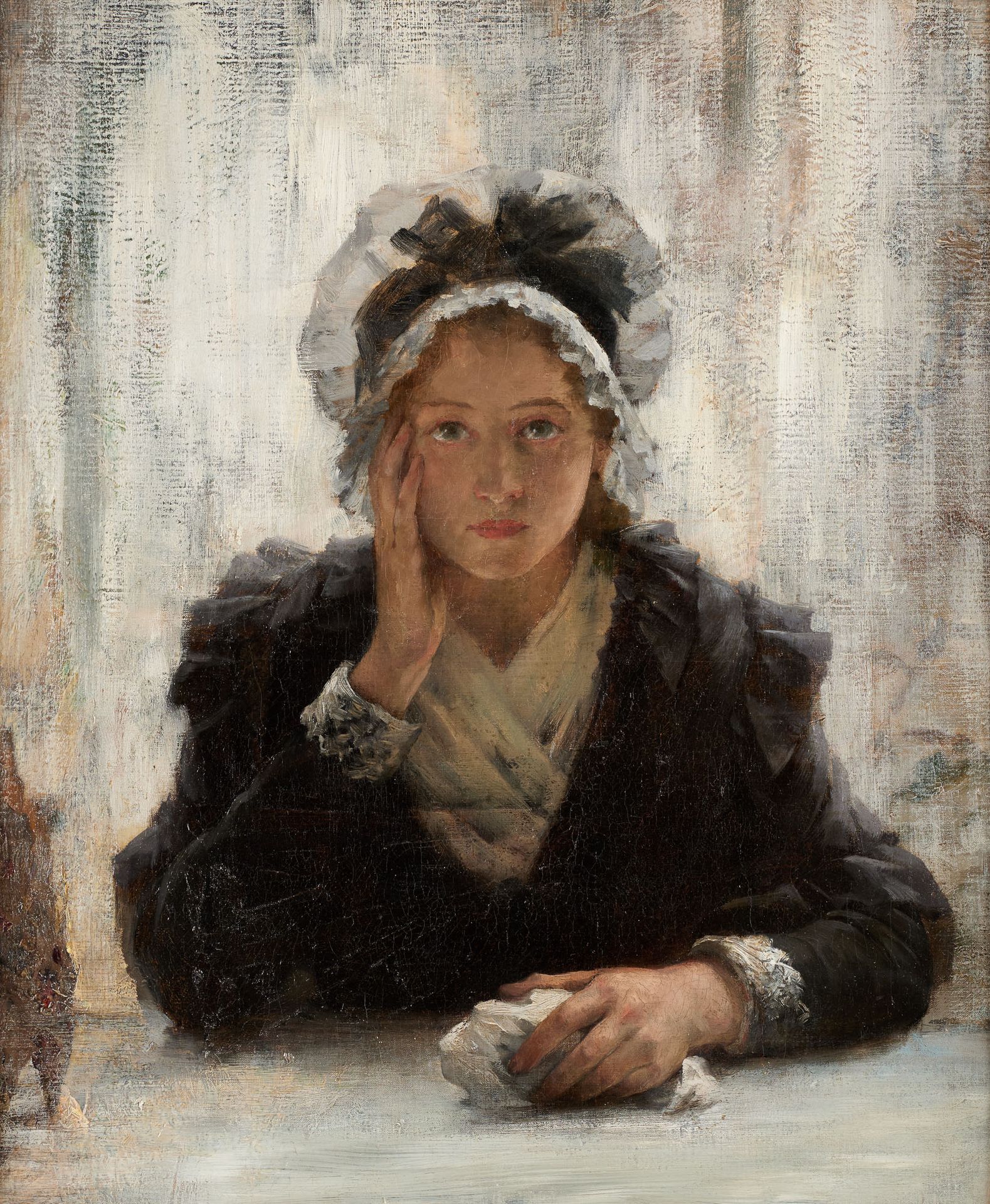 Ecole française début 20e. 布面油画：戴白色帽子的年轻女孩的肖像。

在背面提到：珍妮-奥特。

(背面有三处修补)。

尺寸：46 &hellip;