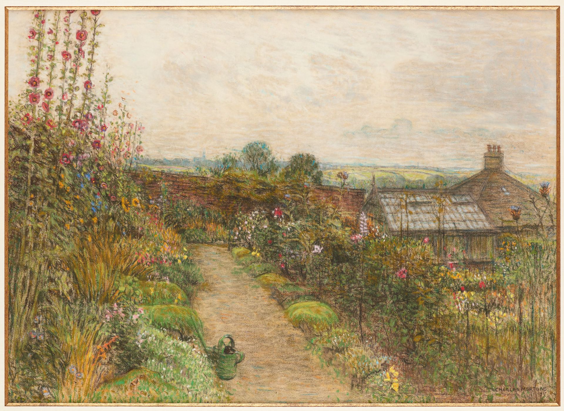 Charles MERTENS École belge (1865-1919) 纸上混合媒体：花园与温室。

签名和日期：Charles Mertens 191&hellip;