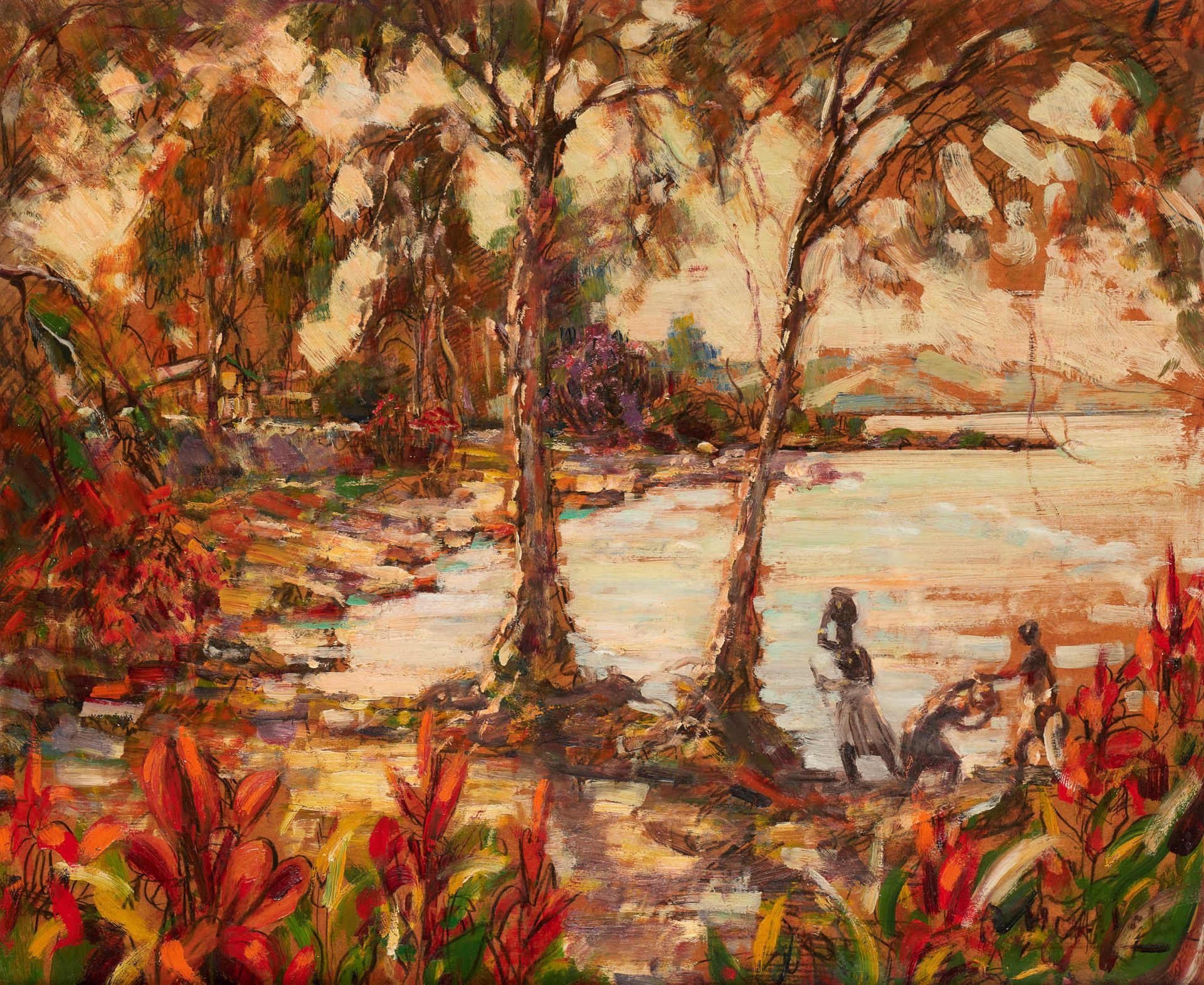 André HALLET École belge (1890-1959) Huile sur panneau: "Le lac Kivu à Kisenyi".&hellip;