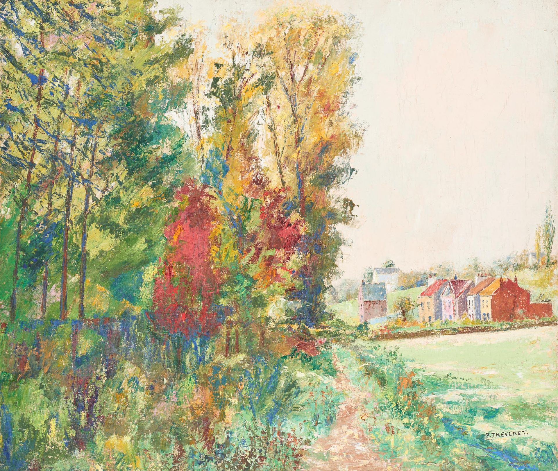 Pierre THEVENET École belge (1870-1937) 布面油画：根瓦尔之景。

签名：P. Thevenet。

尺寸：60 x 70&hellip;