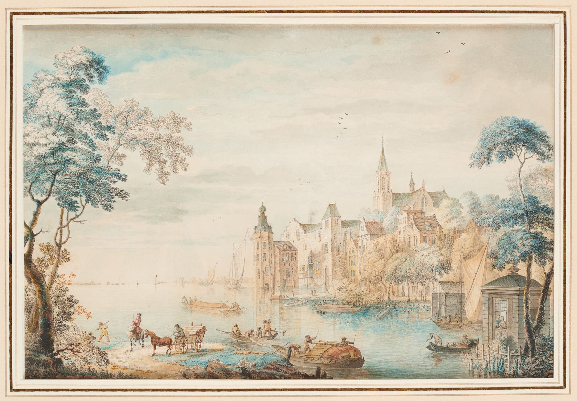 Ecole flamande 19e. 纸上水彩画：从河岸看繁忙的城市。

尺寸：20 x 30厘米。