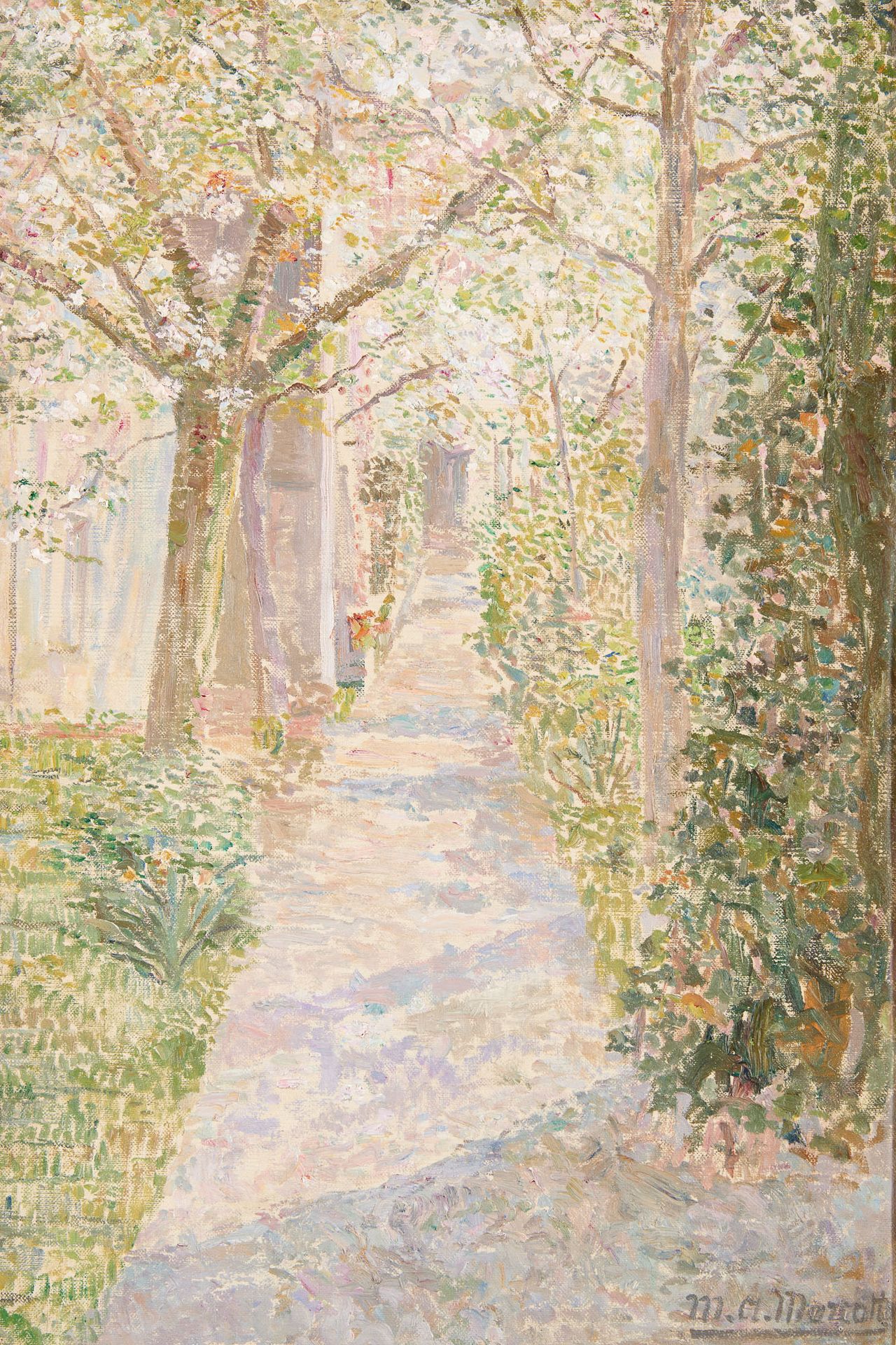 Marie-Antoinette MARCOTTE École française (1869-1929) 布面油画：春天的小巷。

签名：M.A. Marco&hellip;