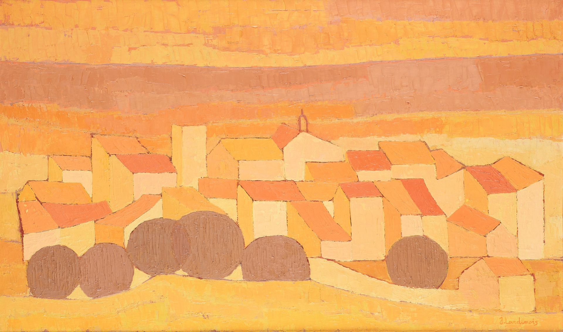 Jacqueline LARDINOIS École belge (1932). 布面油画：构图。

签名：J. Lardinois。

尺寸：60 x 100&hellip;