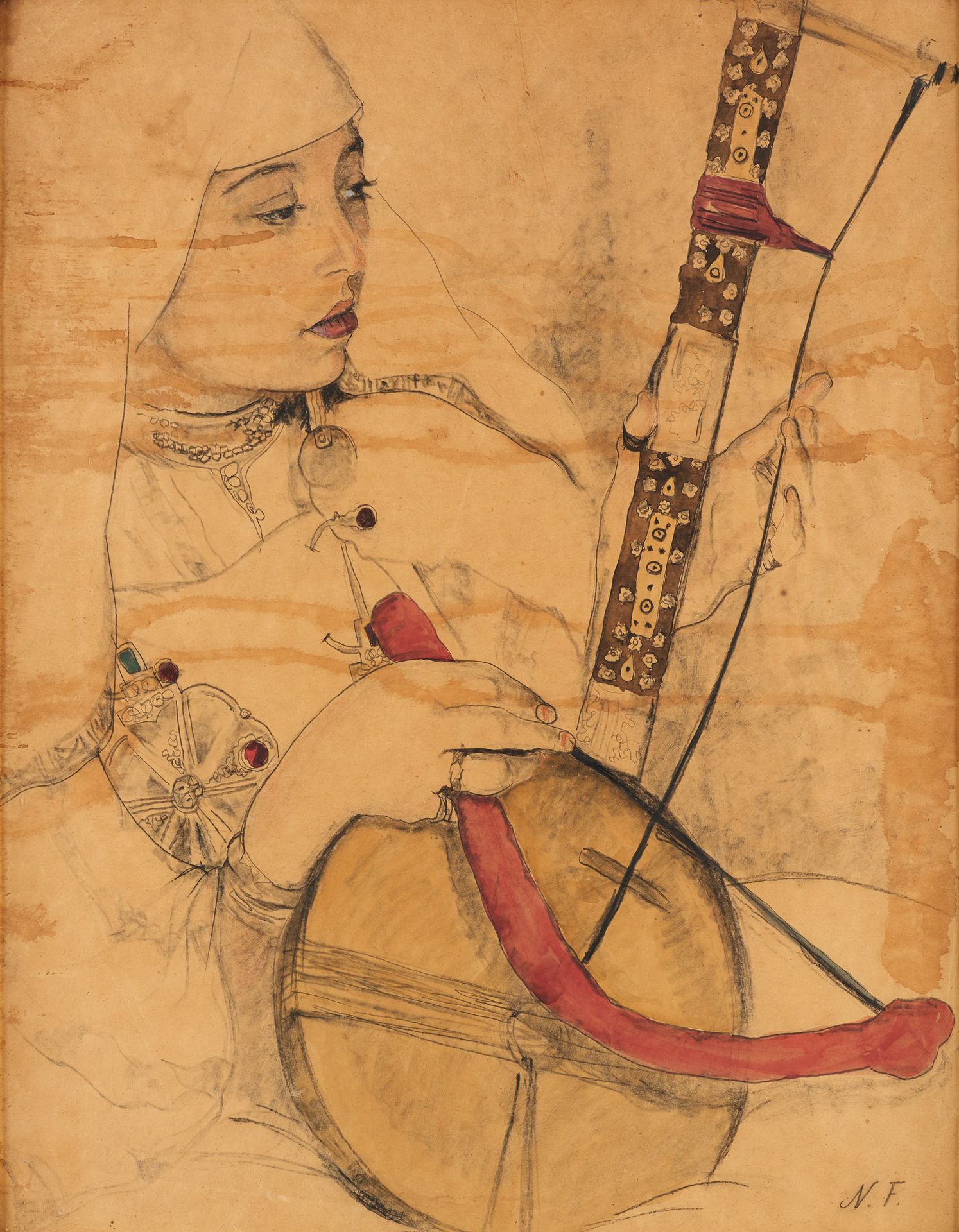 Circa 1900. Mit Aquarell gehöhte Zeichnung auf Papier: Kamanché-Spielerin.

Mono&hellip;