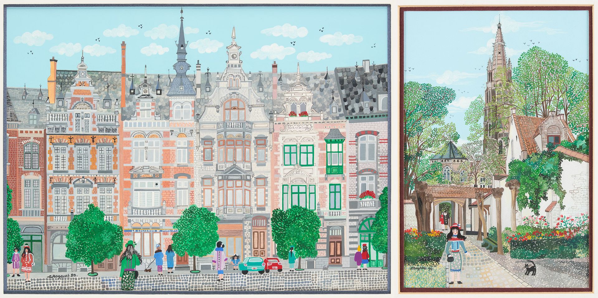 Agnès BOGAERT École belge (1955). 纸上水粉画（一套两幅）："布鲁日圣母塔 "和 "科里尼翁广场的房子"。

签名和日期。A.B&hellip;