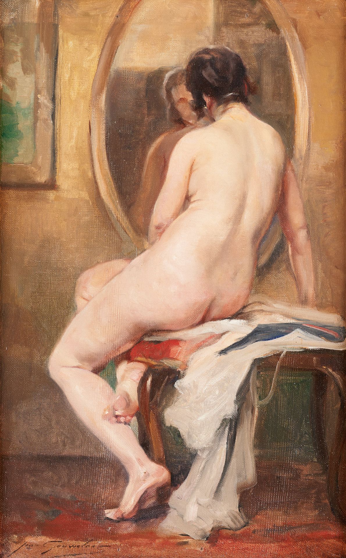 Jean-Léon GOUWELOOS École belge (1868-1943) 布面油画：从背后看对方的裸体。

签名：Jean Gouweloos。
&hellip;