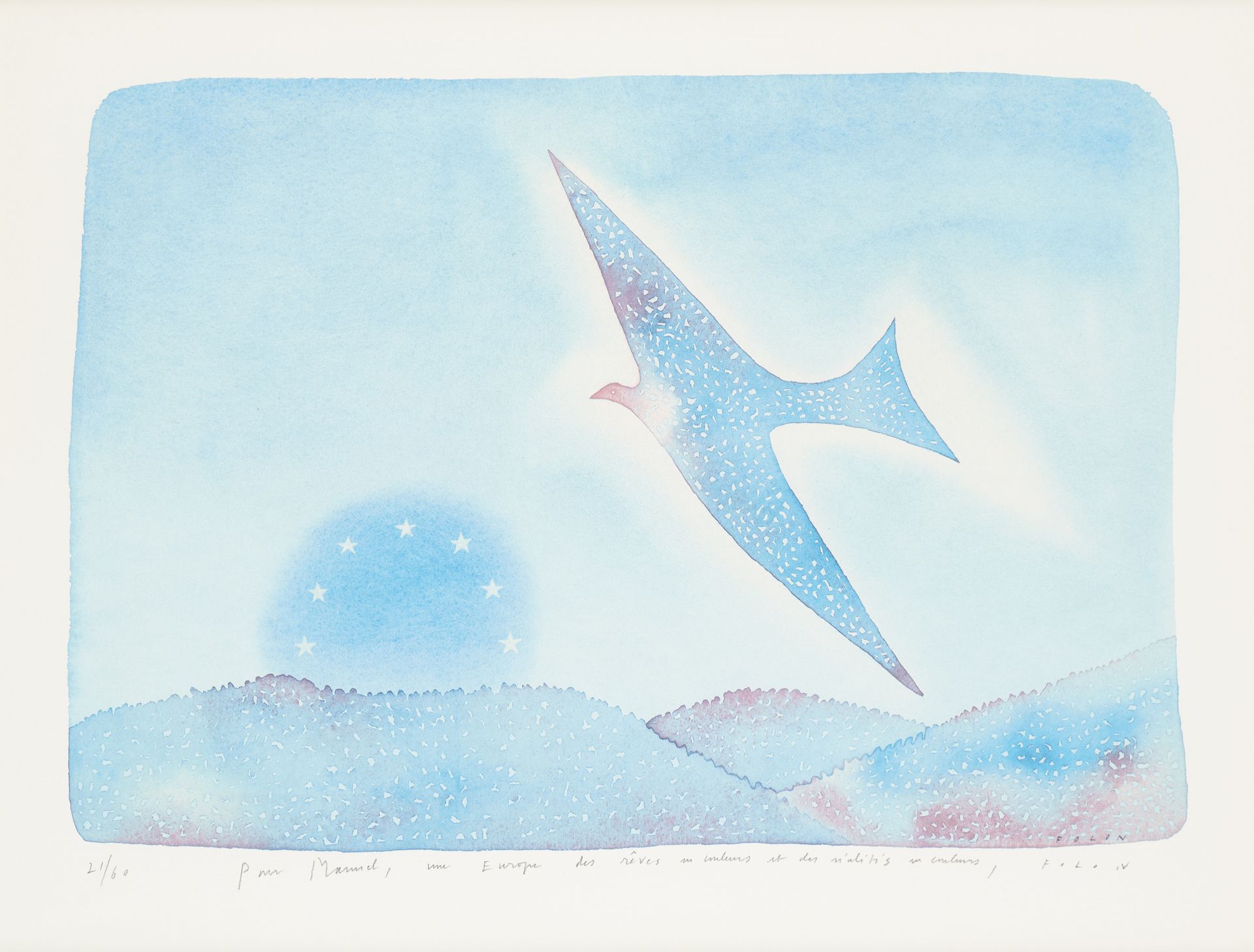 Jean-Michel FOLON École belge (1934-2005) 印刷品，纸上彩色石版画："梦想的欧洲"。

版上和版下都有签名：Folon，&hellip;