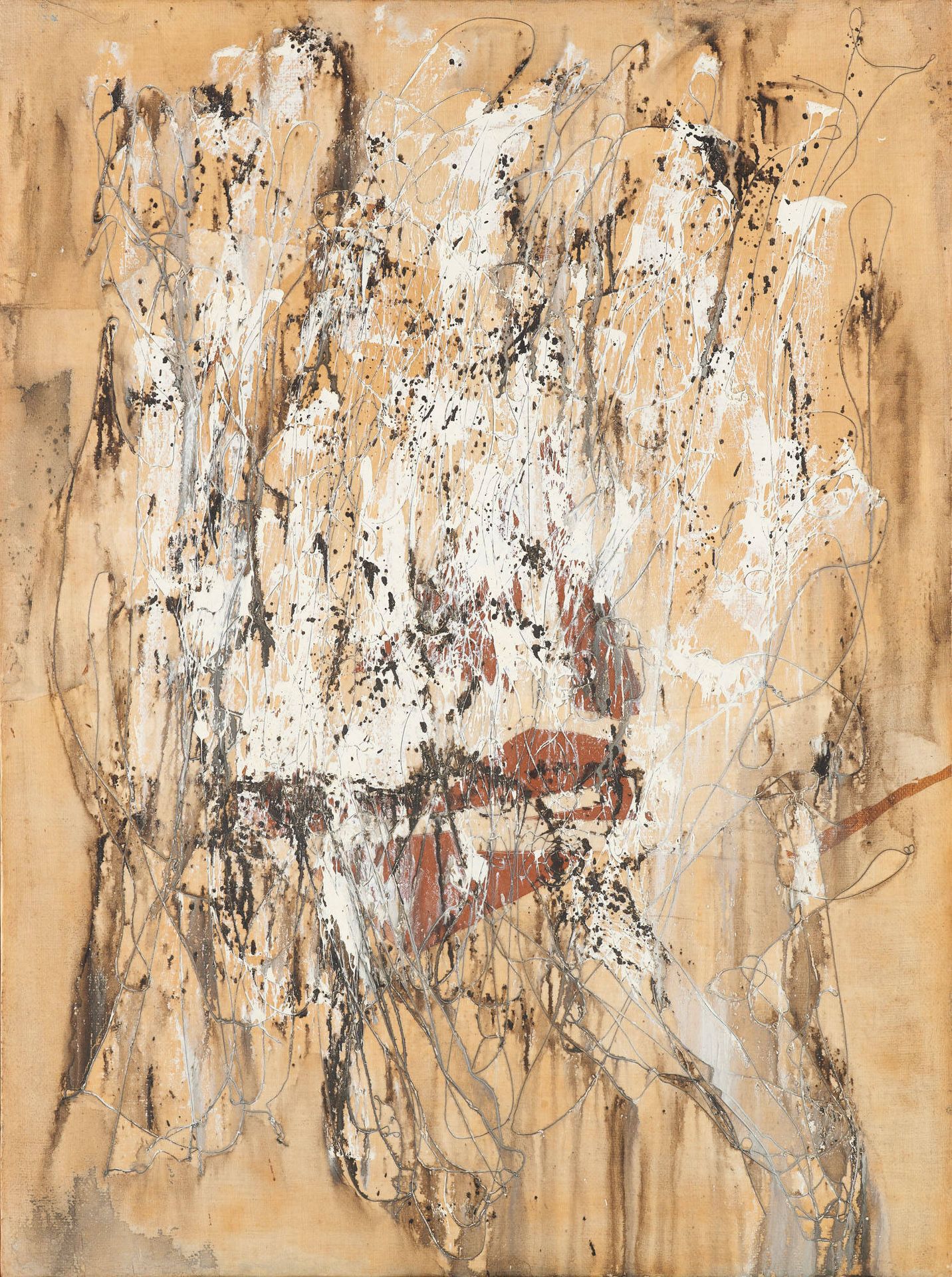 Enrico CASTELLANI École italienne (1930-2017). 织物上的油彩安装在画布上：用线构成。
背面有签名：卡斯特拉尼12-&hellip;