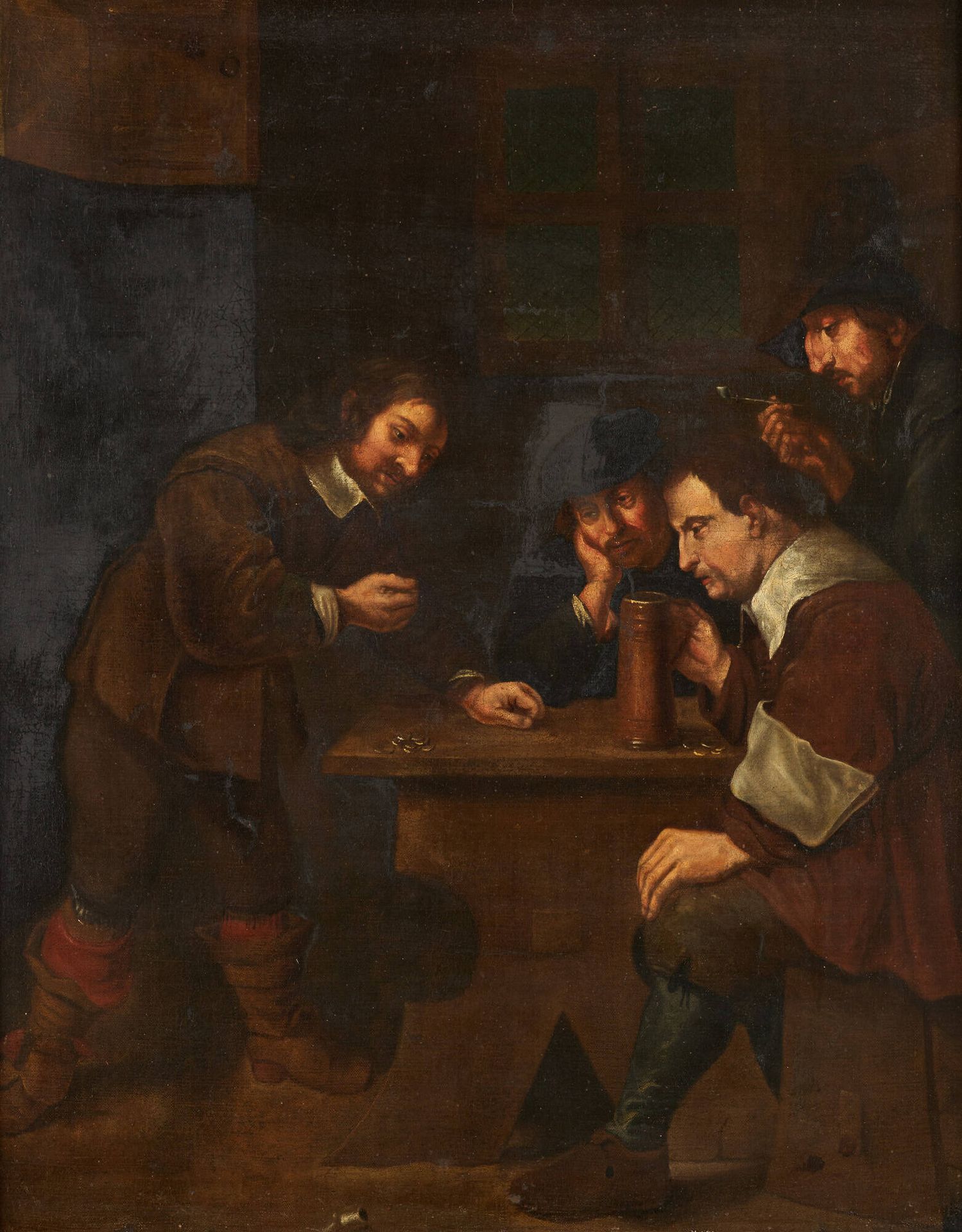 École hollandaise fin 17e. Oil on canvas: Players in a tavern.
(tear crossing th&hellip;