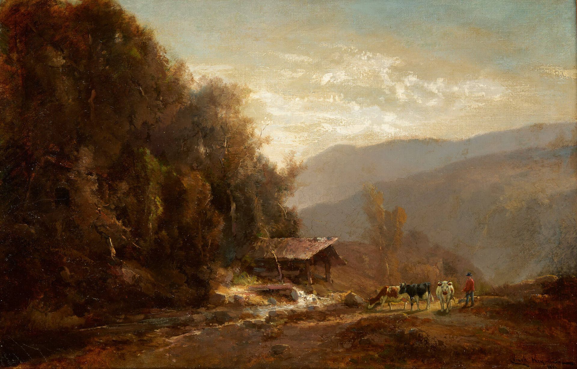 Emile KEYMEULEN École belge (1840-1882) 布面油画：河边放牧。
签名和日期：Keymeulen 1853。
(修复)。
尺&hellip;