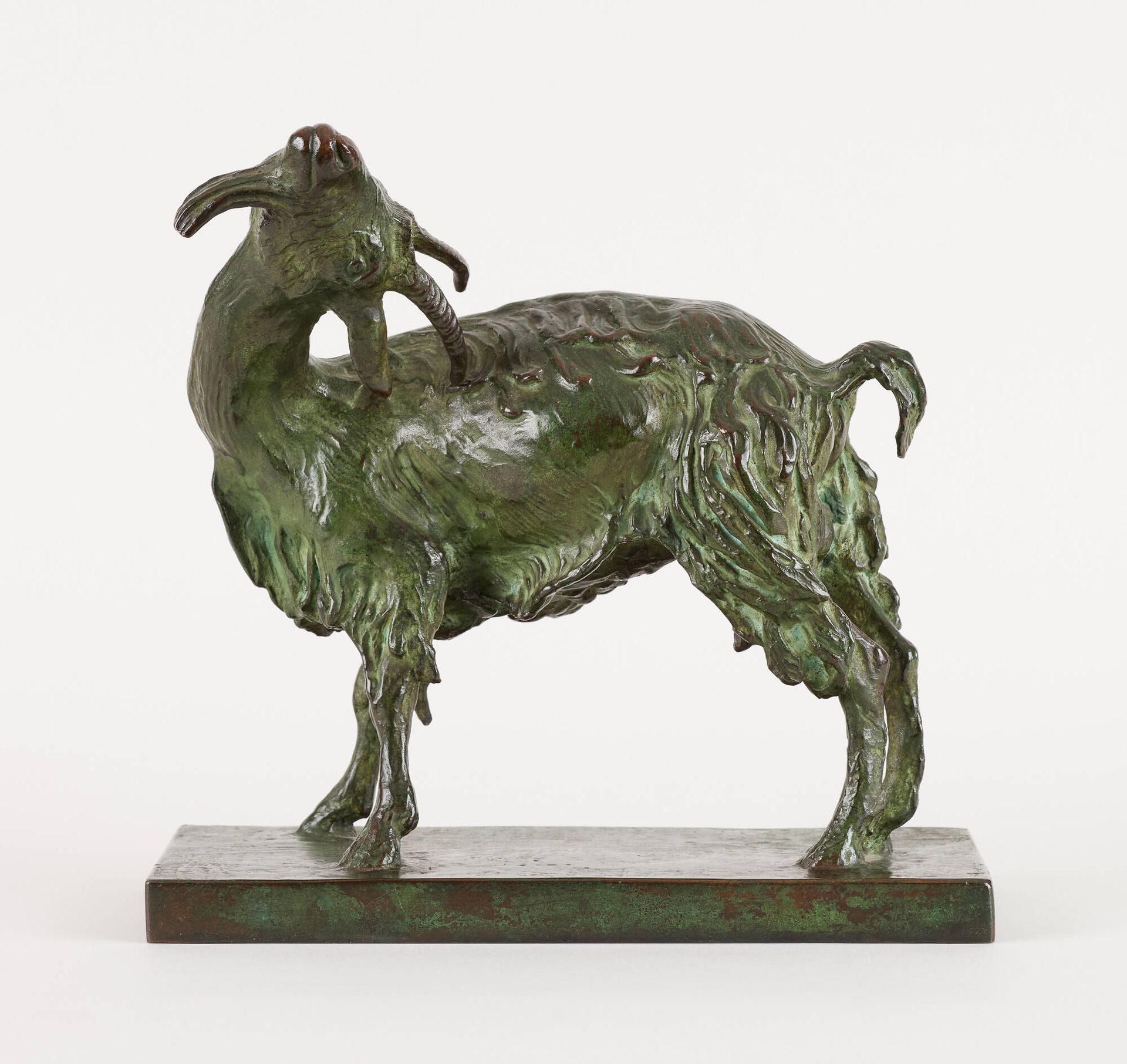 Travail du 20e. 一件带有绿色阴影的青铜雕塑：山羊。
归属于Polis Kvagh。
高度：28厘米。