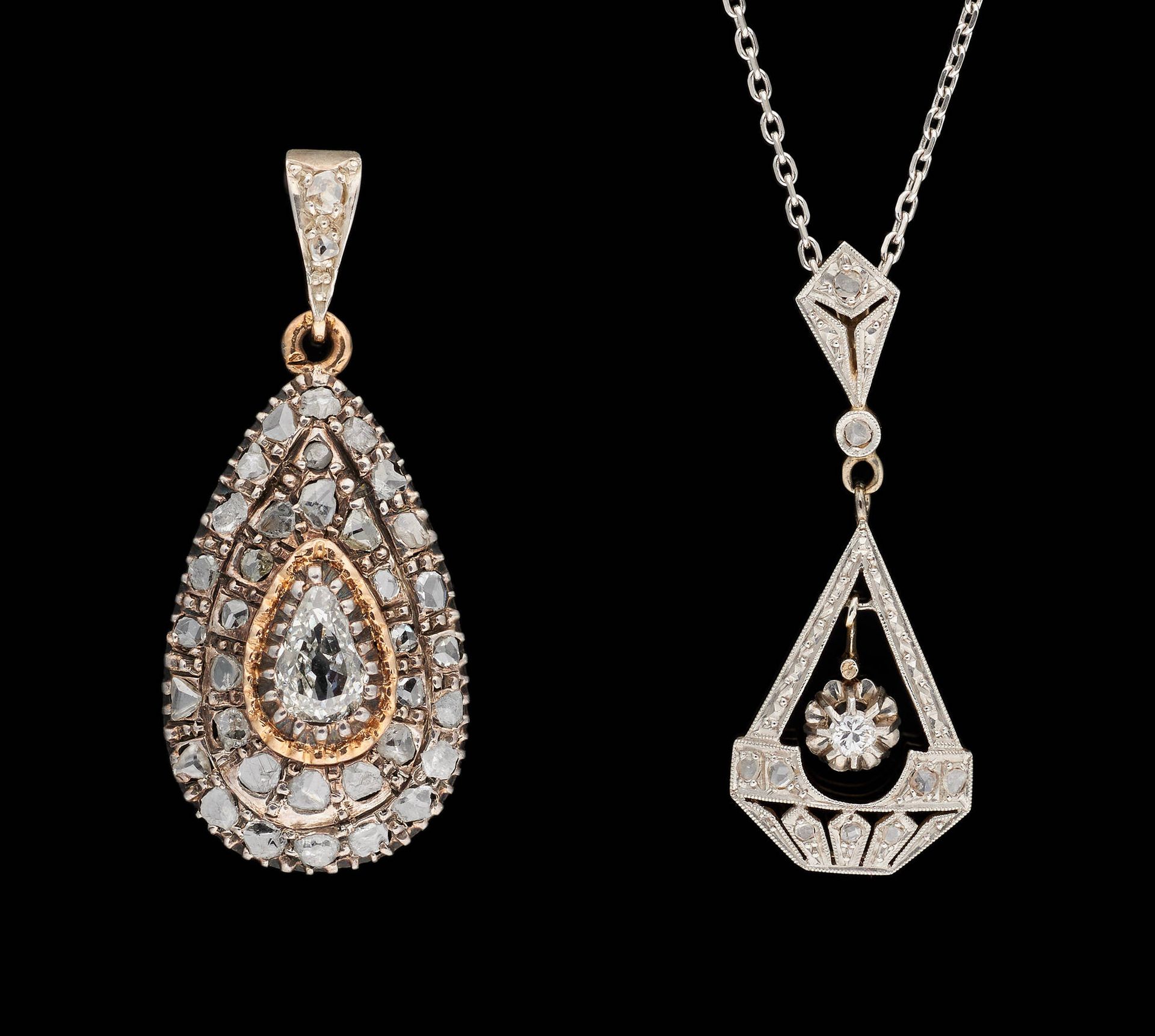 Joaillerie. 珠宝：拍品包括两个吊坠，一个是金包银（19世纪末），另一个是黄金和铂金，装饰有老式切割钻石，重量为+/- 2.50克拉。