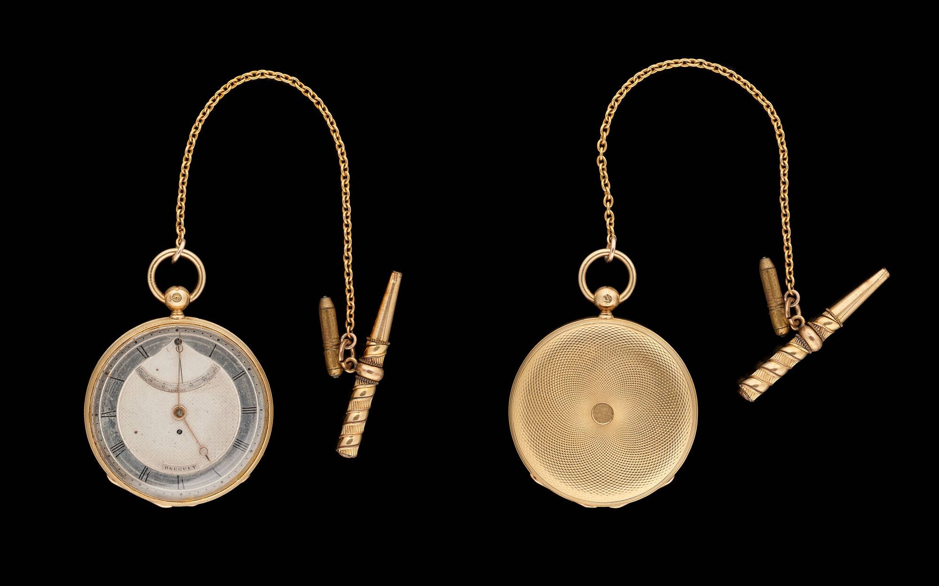 Breguet. Uhrmacherei: Kleine goldene Taschenuhr mit Thermometer, dreiteiliges Ge&hellip;