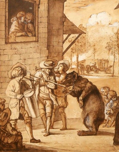 Ecole Flamande du XVIIIe siècle 
Montreur d'ours
Lavis d'encre bistre et rehauts&hellip;