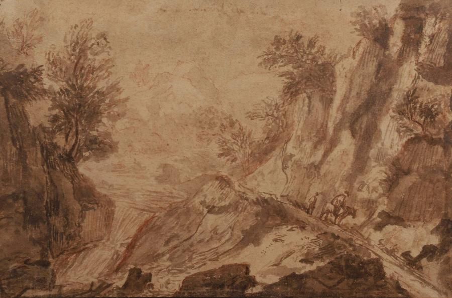 Ecole italienne XVIIIe siècle 
Paysage rocailleux animé
Lavis brun sur esquisse &hellip;