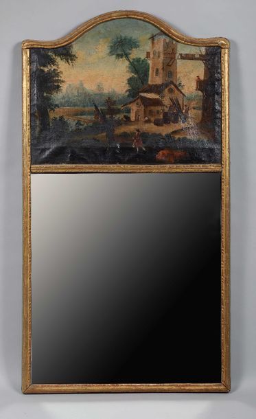 Null TRUMEAU DE GLACE en bois doré, surmonté d'une toile figurant un paysage de &hellip;