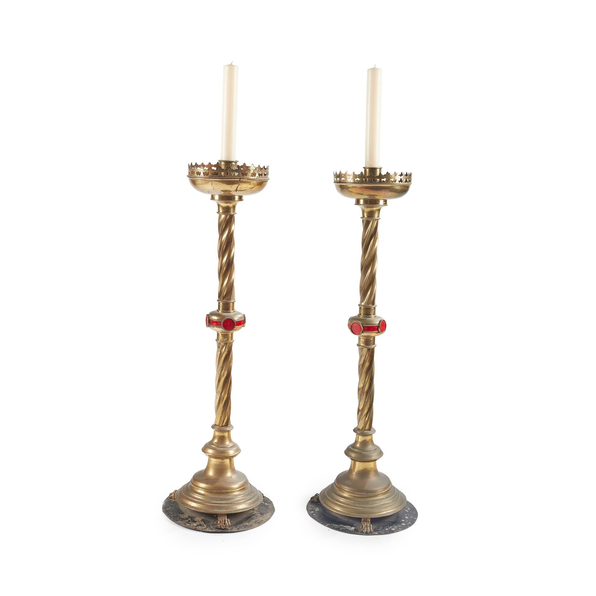 ENGLISH PAIR OF GOTHIC REVIVAL ALTAR CANDLESTICKS, CIRCA 1870 brass, raised on l&hellip;