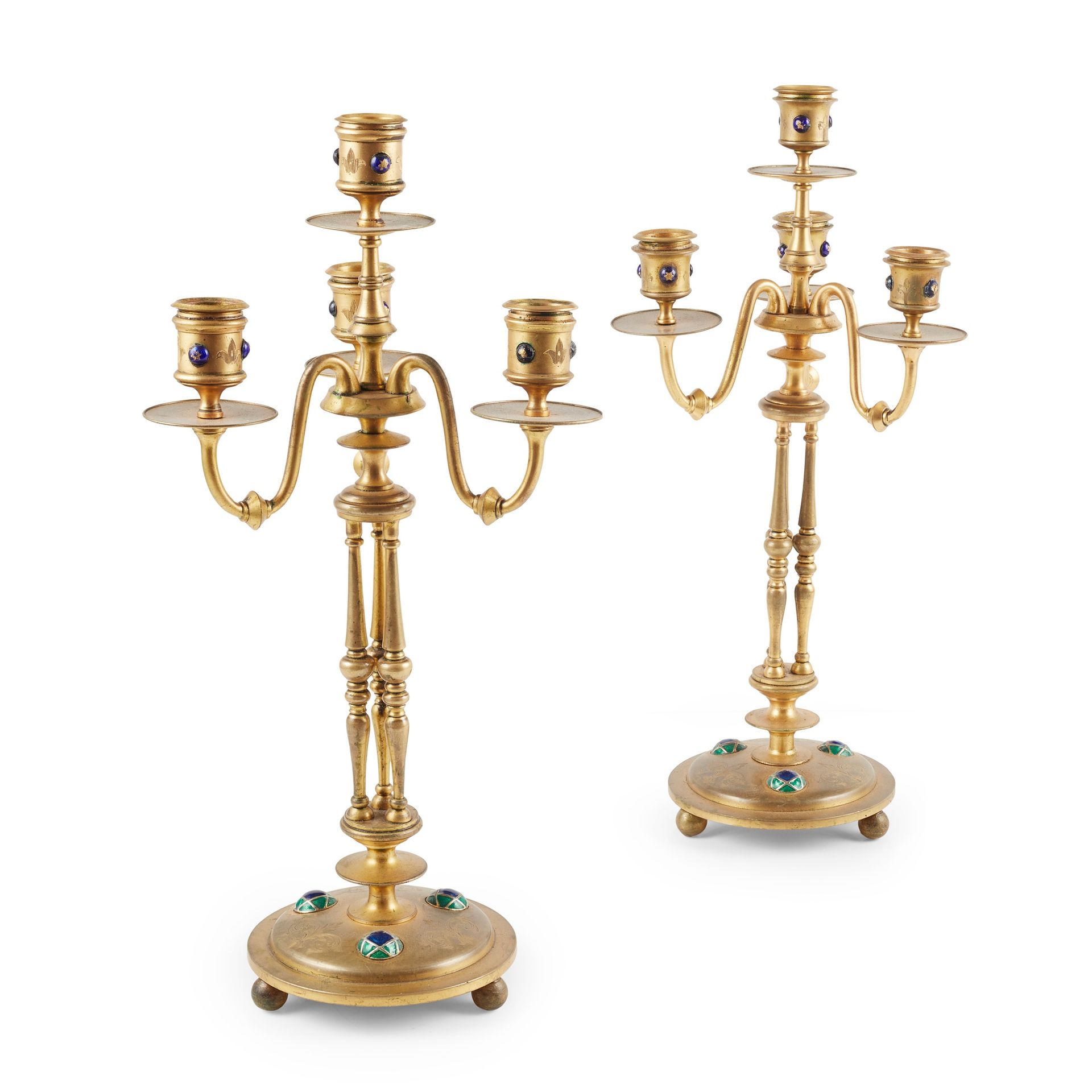 ENGLISH PAIR OF CANDELABRA, CIRCA 1880 gilt metal, with applied enamel cabochons&hellip;