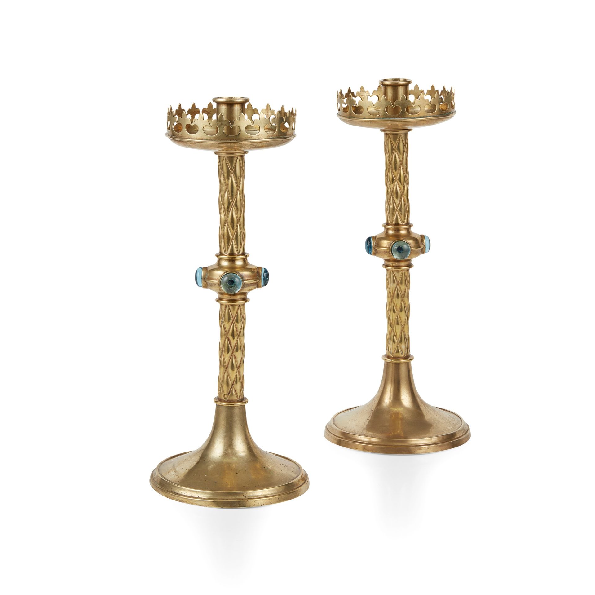 ENGLISH PAIR OF GOTHIC REVIVAL CANDLESTICKS, CIRCA 1870 brass, set with coloured&hellip;