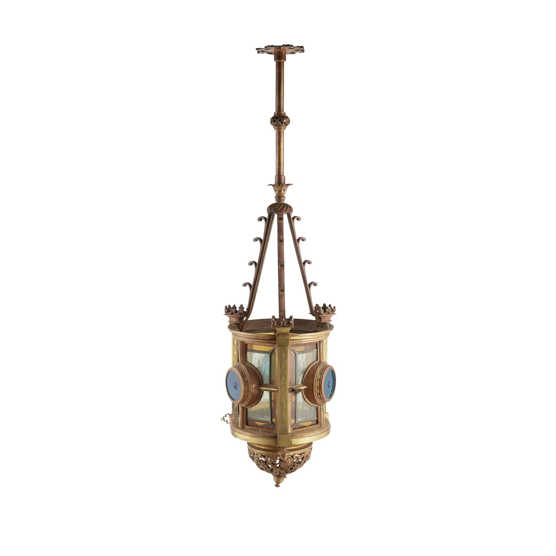 ENGLISH ARTS & CRAFTS HALL LANTERN, CIRCA 1880 stained and leaded glass panels, &hellip;