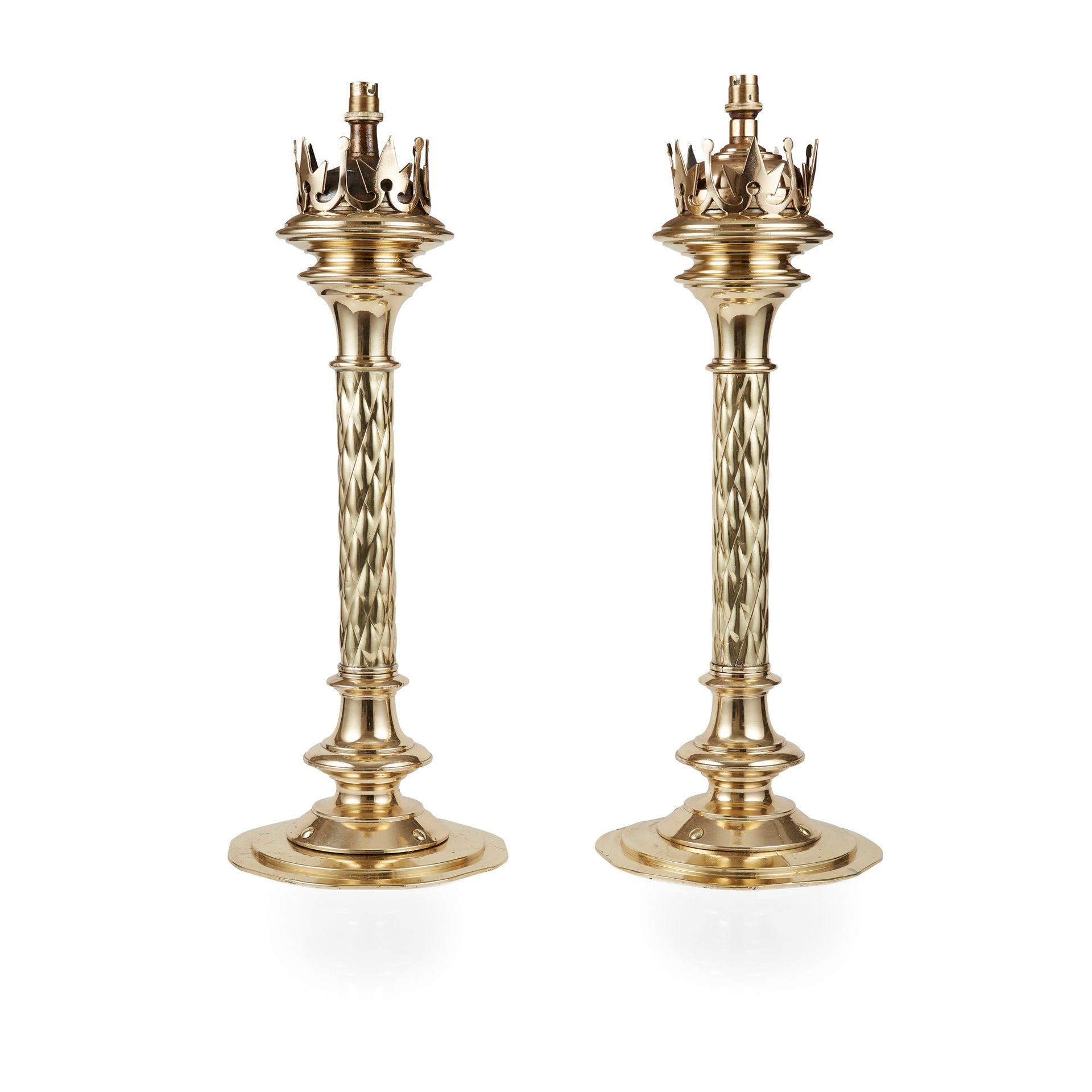 MANNER OF HARDMAN & CO. PAIR OF GOTHIC REVIVAL NEWEL CANDLESTICKS, CIRCA 1890 br&hellip;