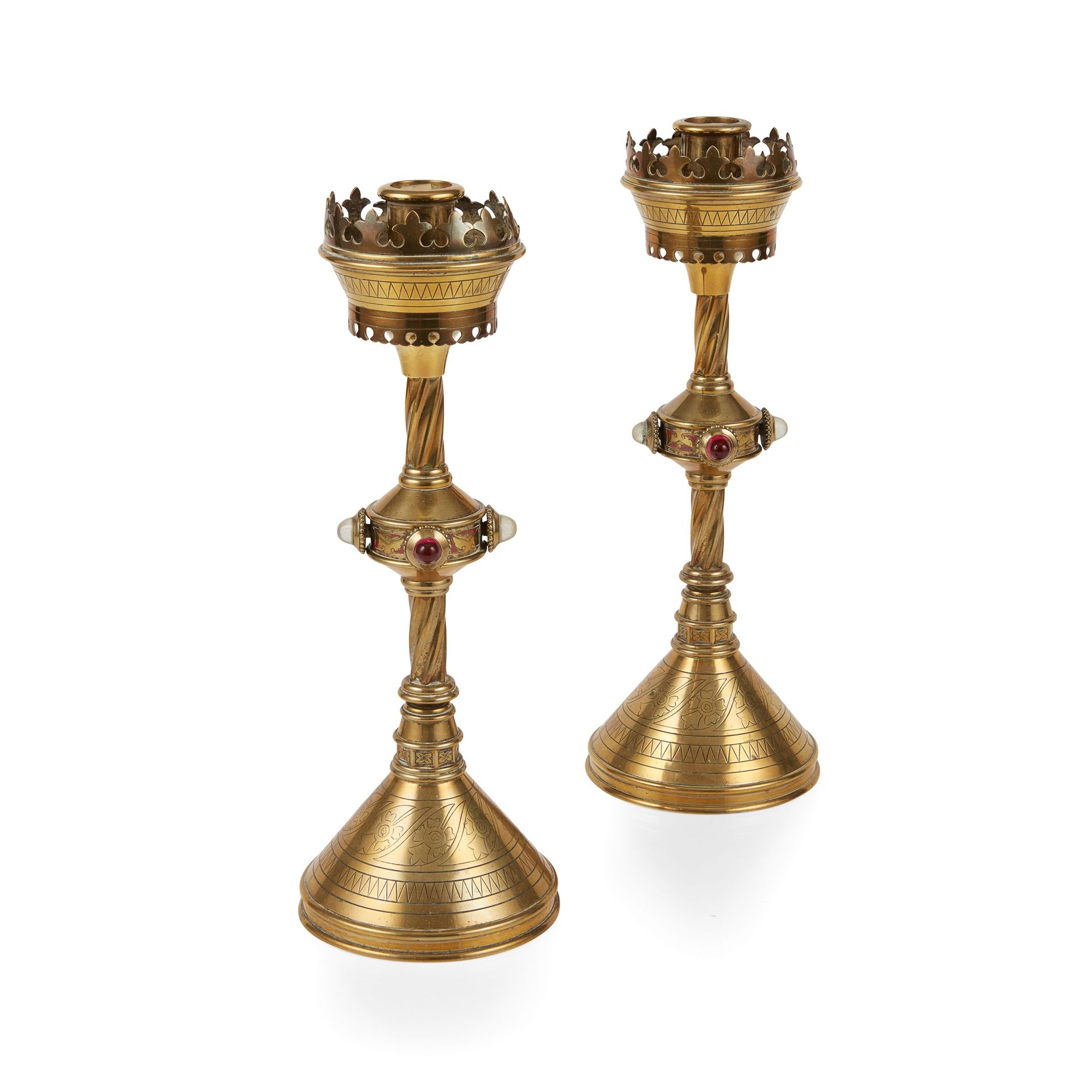 ENGLISH PAIR OF GOTHIC REVIVAL CANDLESTICKS, CIRCA 1870 brass, set with clear an&hellip;